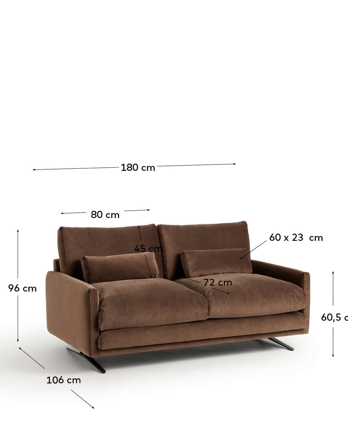 Sofa 2-osobowa VELIRO ciemnobrązowy aksamit z czarnymi metalowymi nogami – wymiary