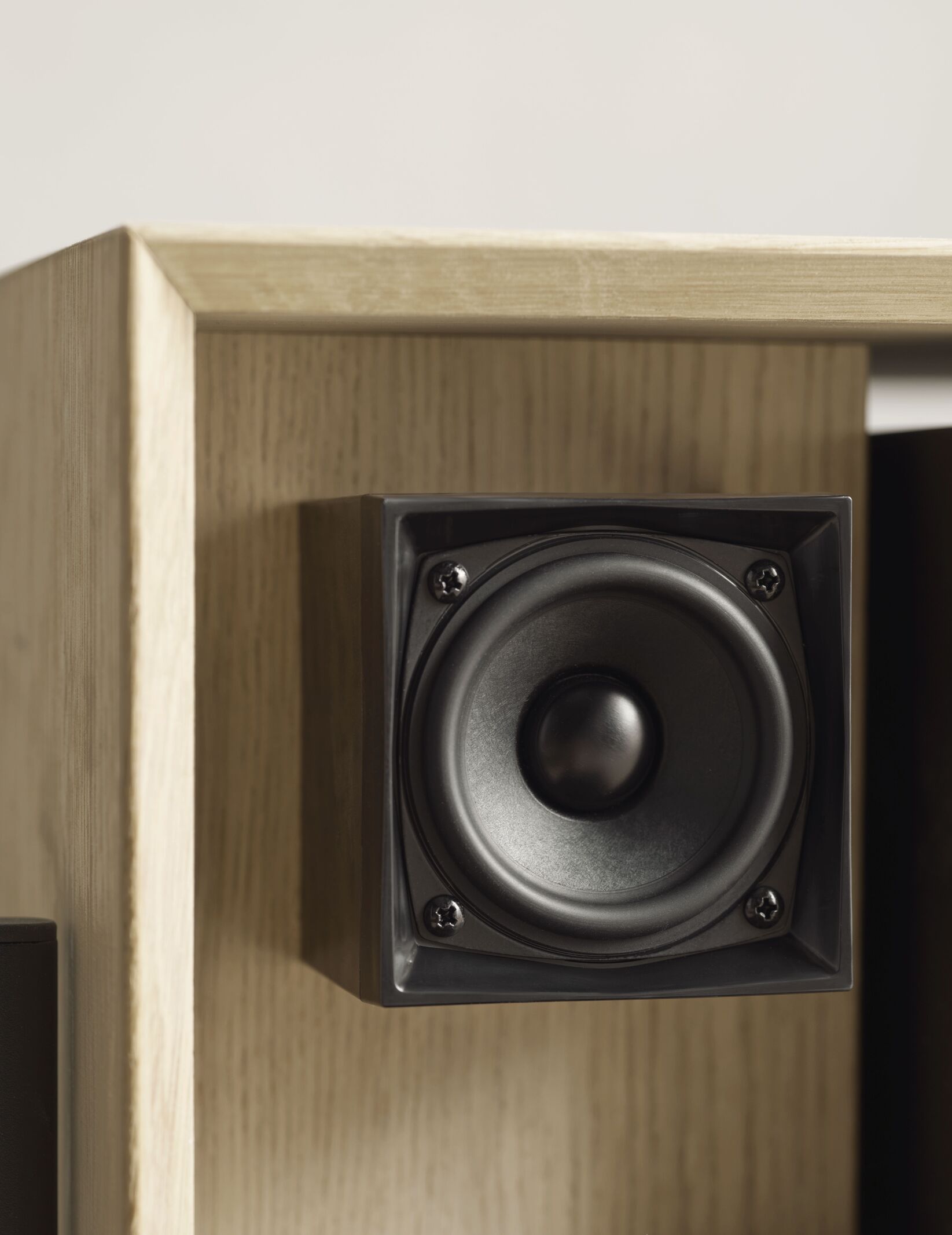 Cabinet with a sound system luxe bleached oak wood with a gray base