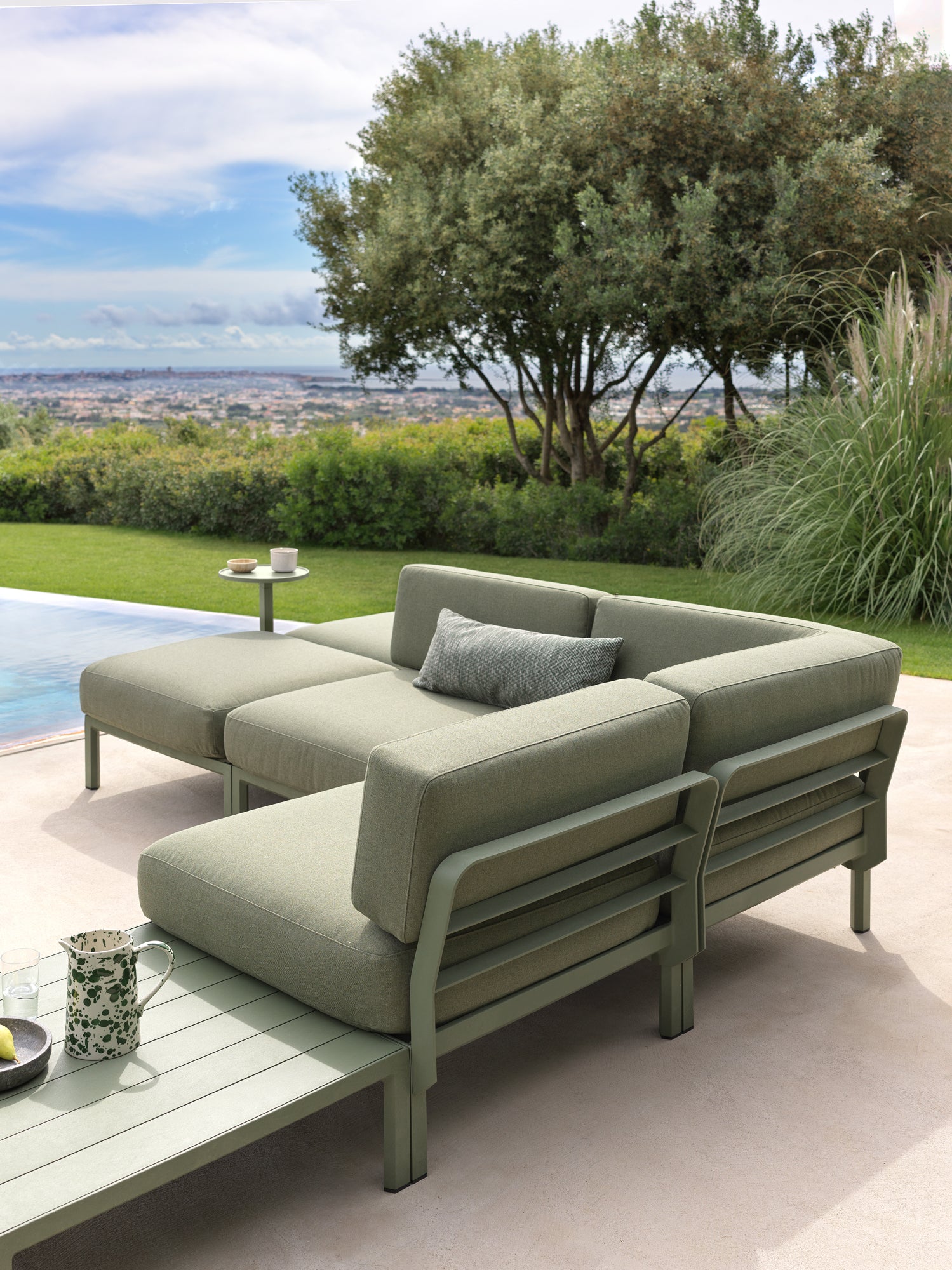 MAXIMO Outdoor Pouf in Thyme Green with Chalk Base