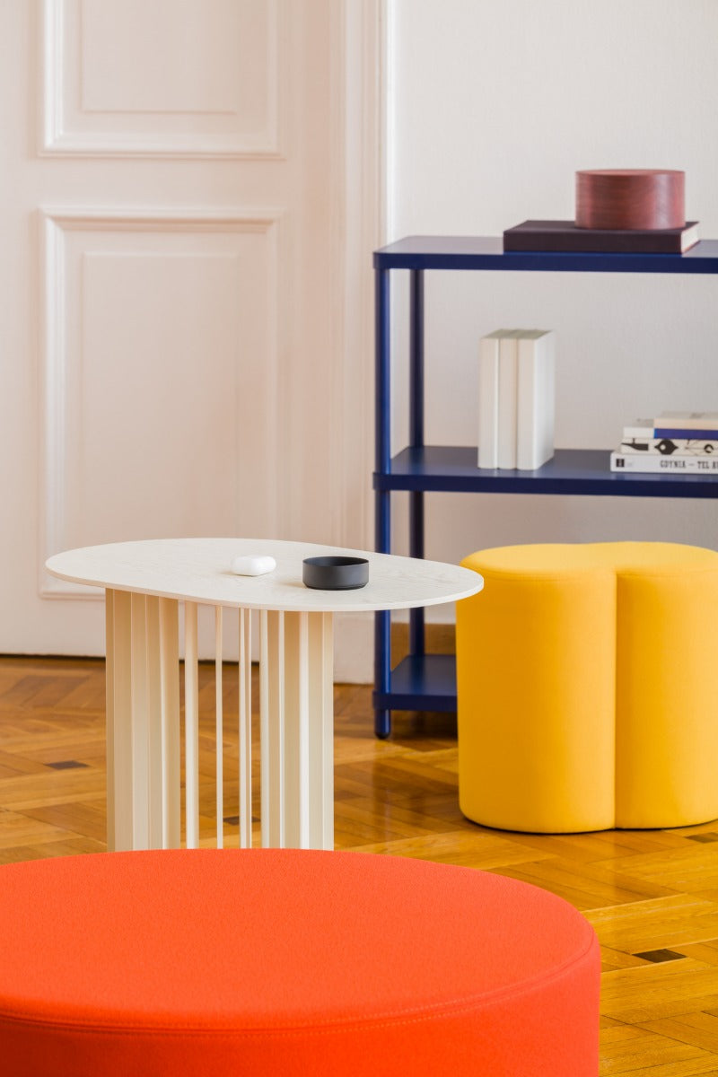 Roll Veneer side table with a metal base