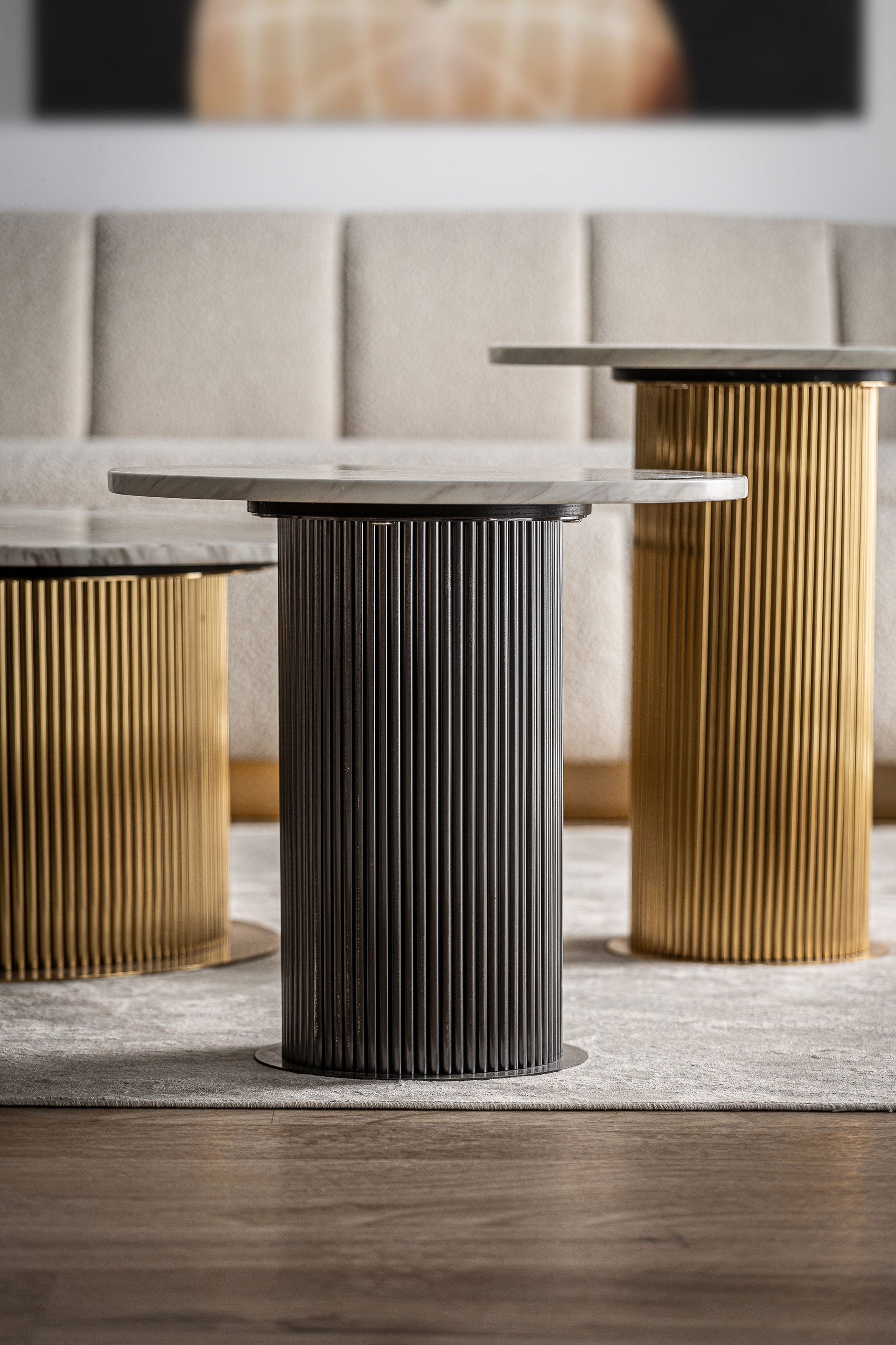 COEN Side Table with White Synthetic Marble and Black Base