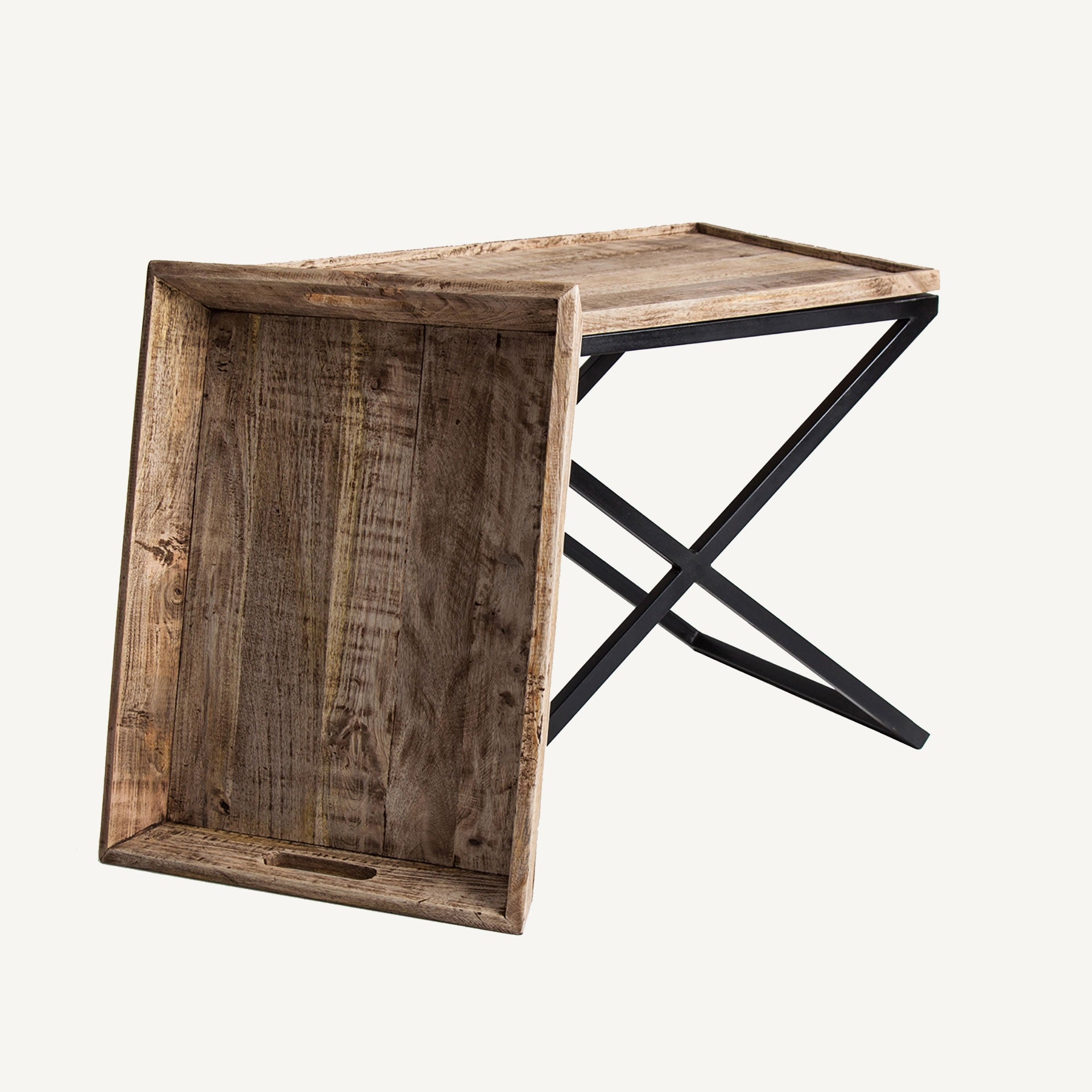 Side Table with Tray NEWAK Mango Wood with Black Metal Base