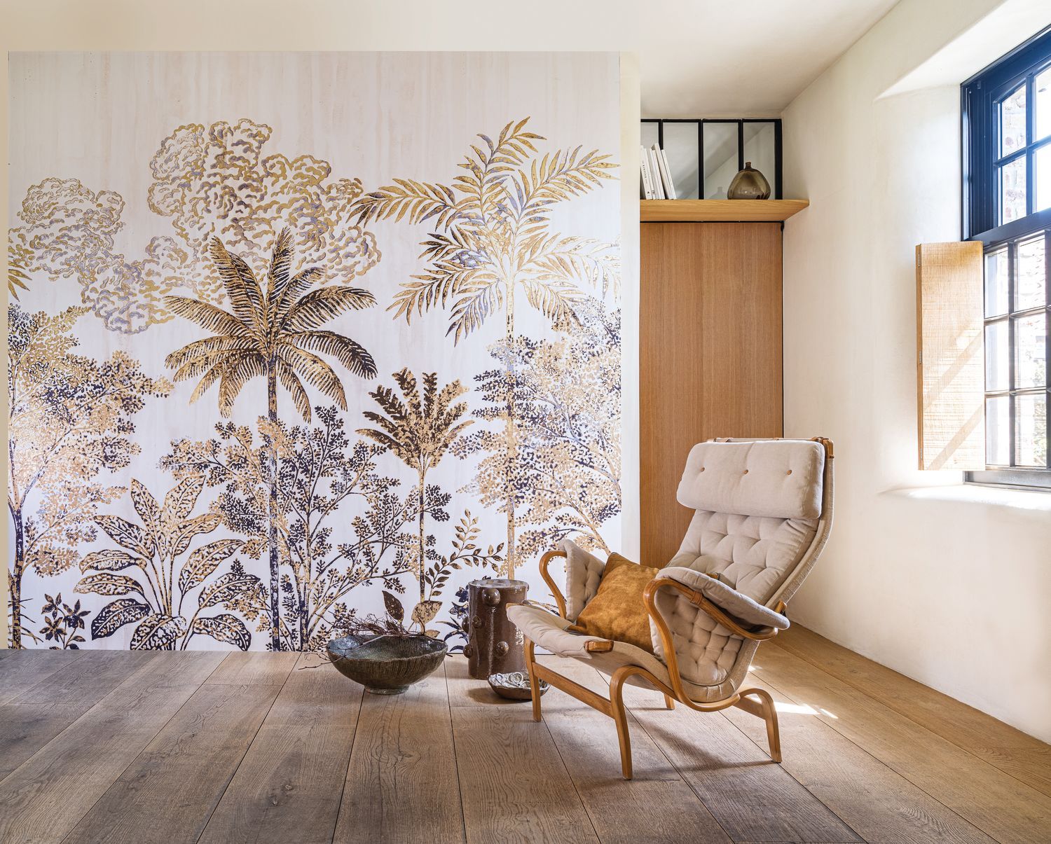 Palm-themed mural SIWA - IVORY/GOLD ivory with gold