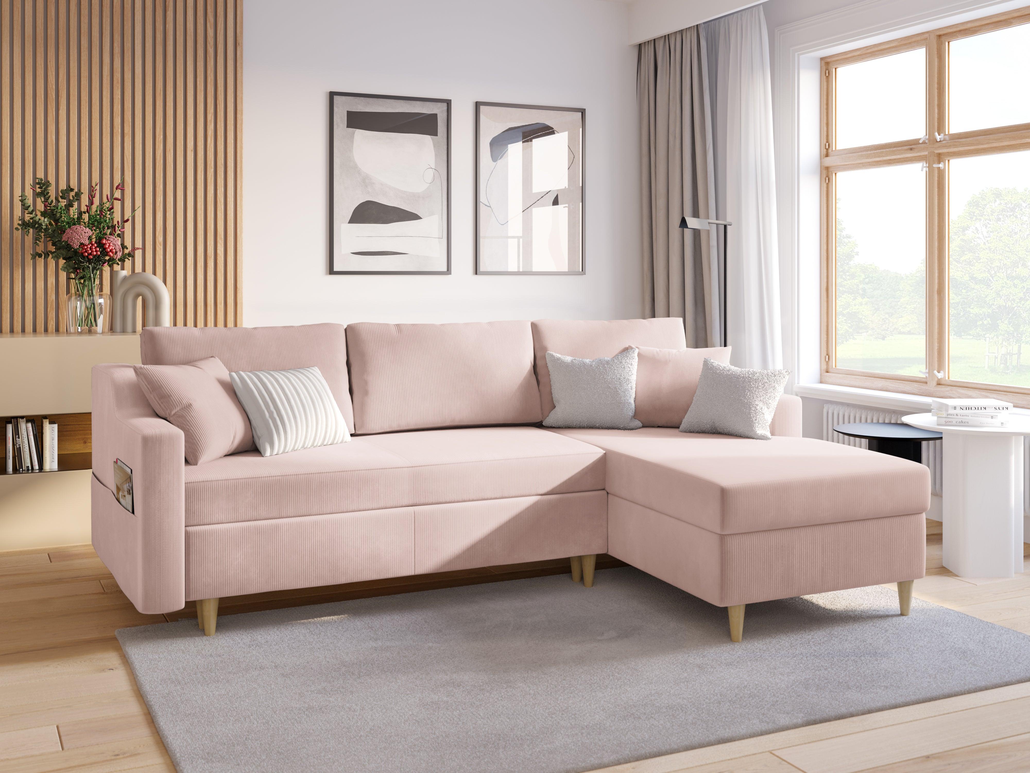 Narożnik lewostronny sztruksowy z funkcją spania ROSE różowy Mazzini Sofas    Eye on Design