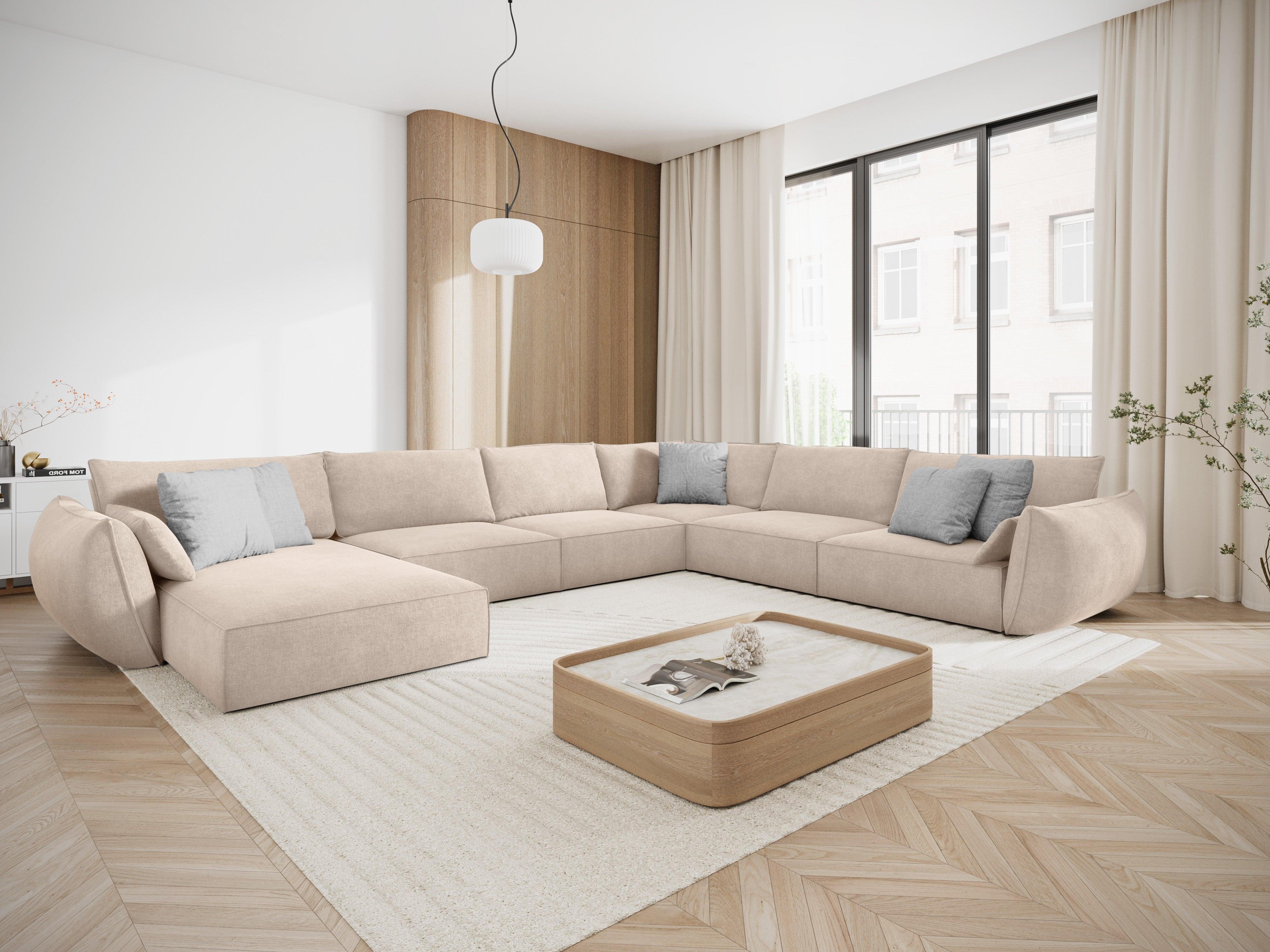 Narożnik panoramiczny w tkaninie szenilowej prawostronny VANDA beżowy Mazzini Sofas    Eye on Design