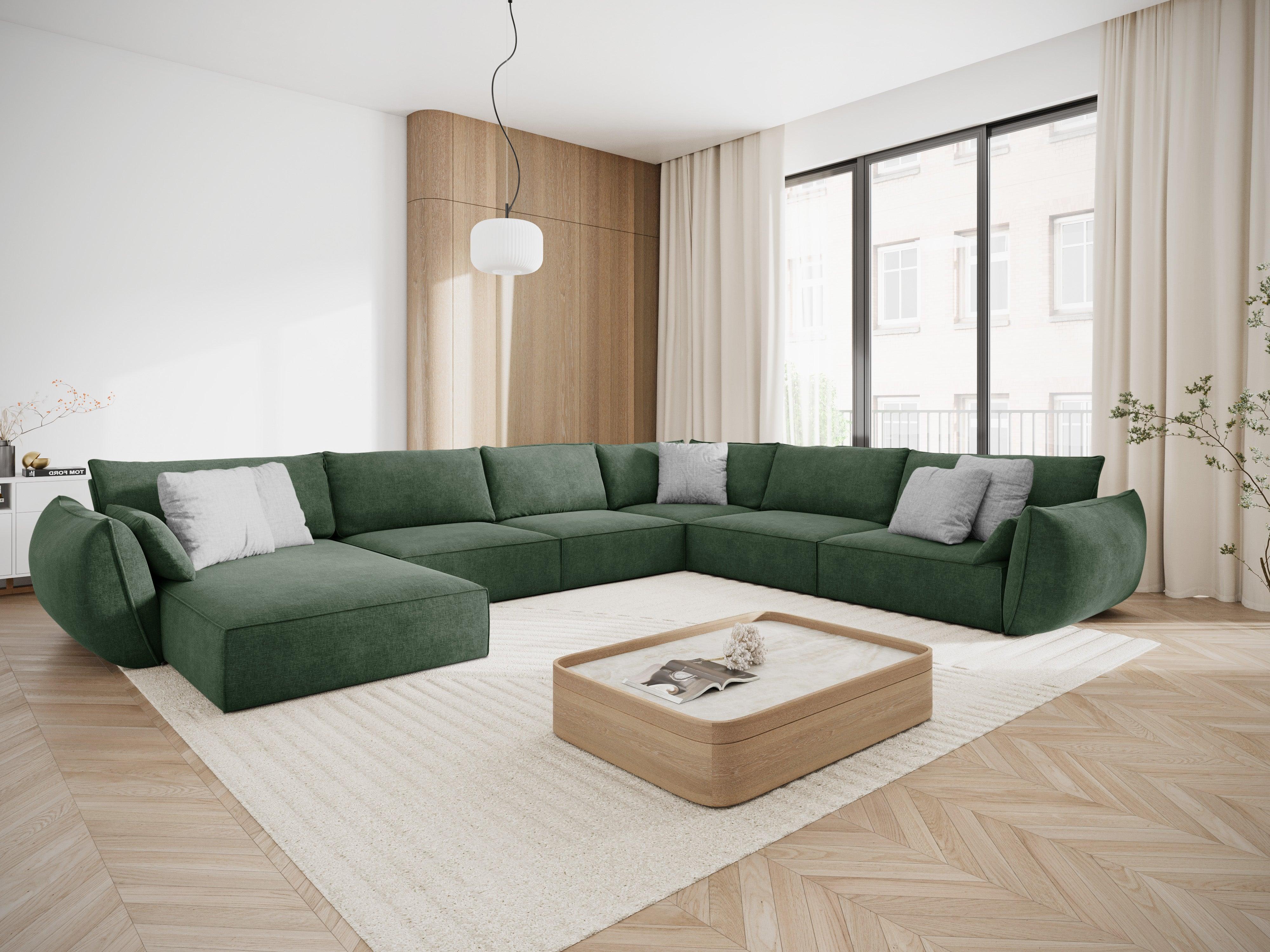 Narożnik panoramiczny w tkaninie szenilowej prawostronny VANDA butelkowa zieleń Mazzini Sofas    Eye on Design