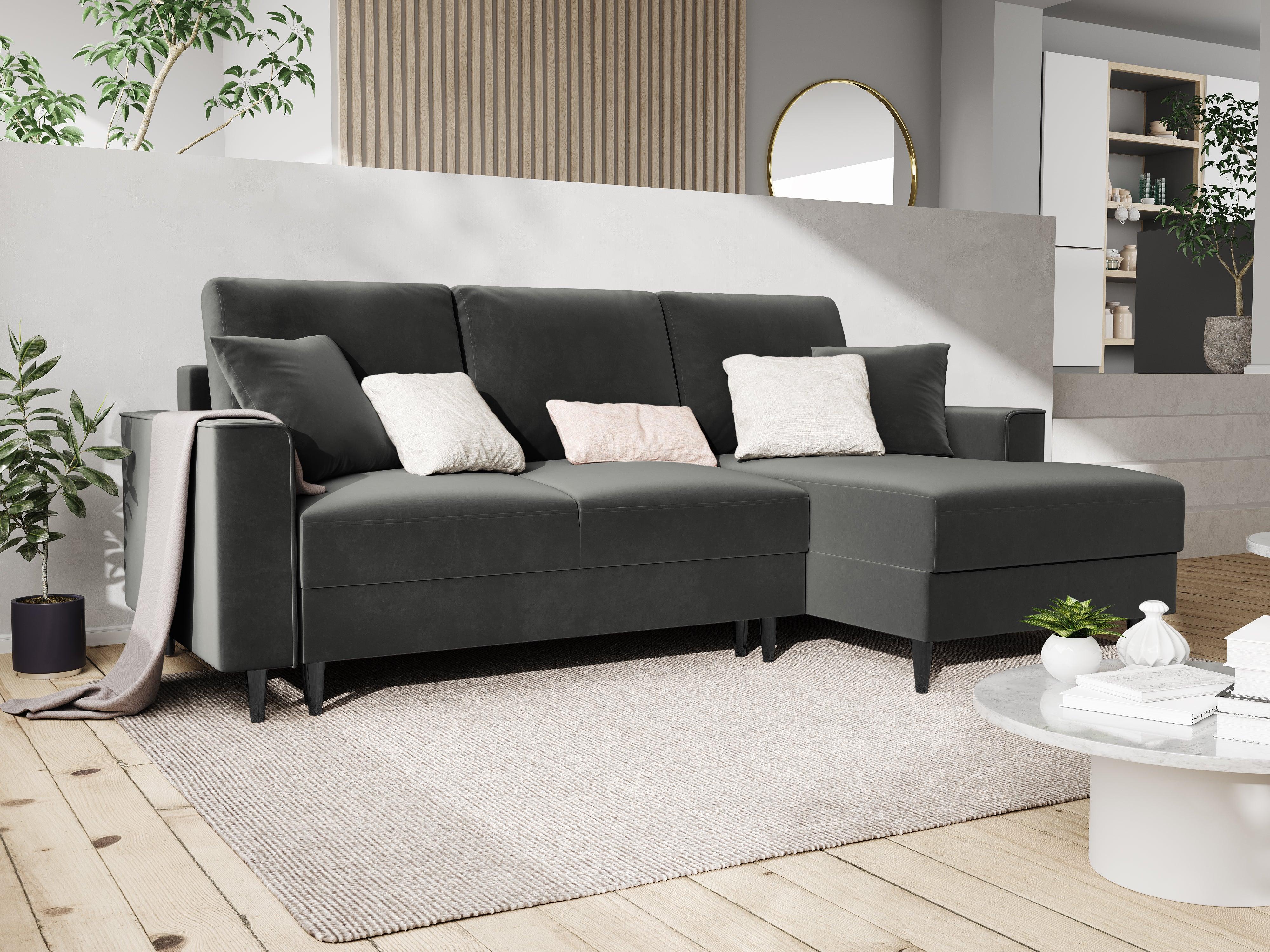 Narożnik prawostronny aksamitny z funkcją spania CARTADERA ciemnoszary z czarną podstawą Mazzini Sofas    Eye on Design