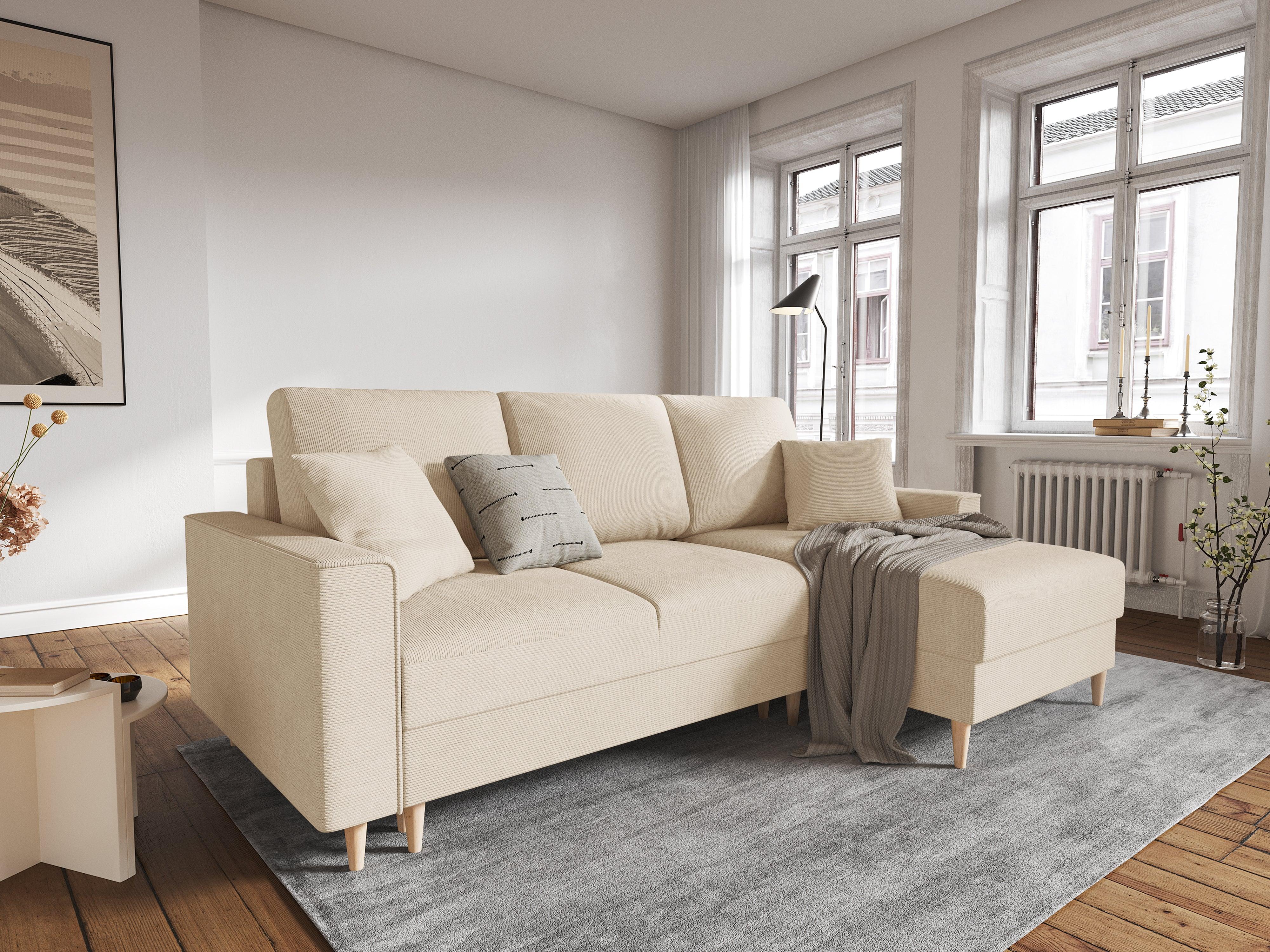 Narożnik prawostronny sztruksowy z funkcją spania CARTADERA beżowy Mazzini Sofas    Eye on Design