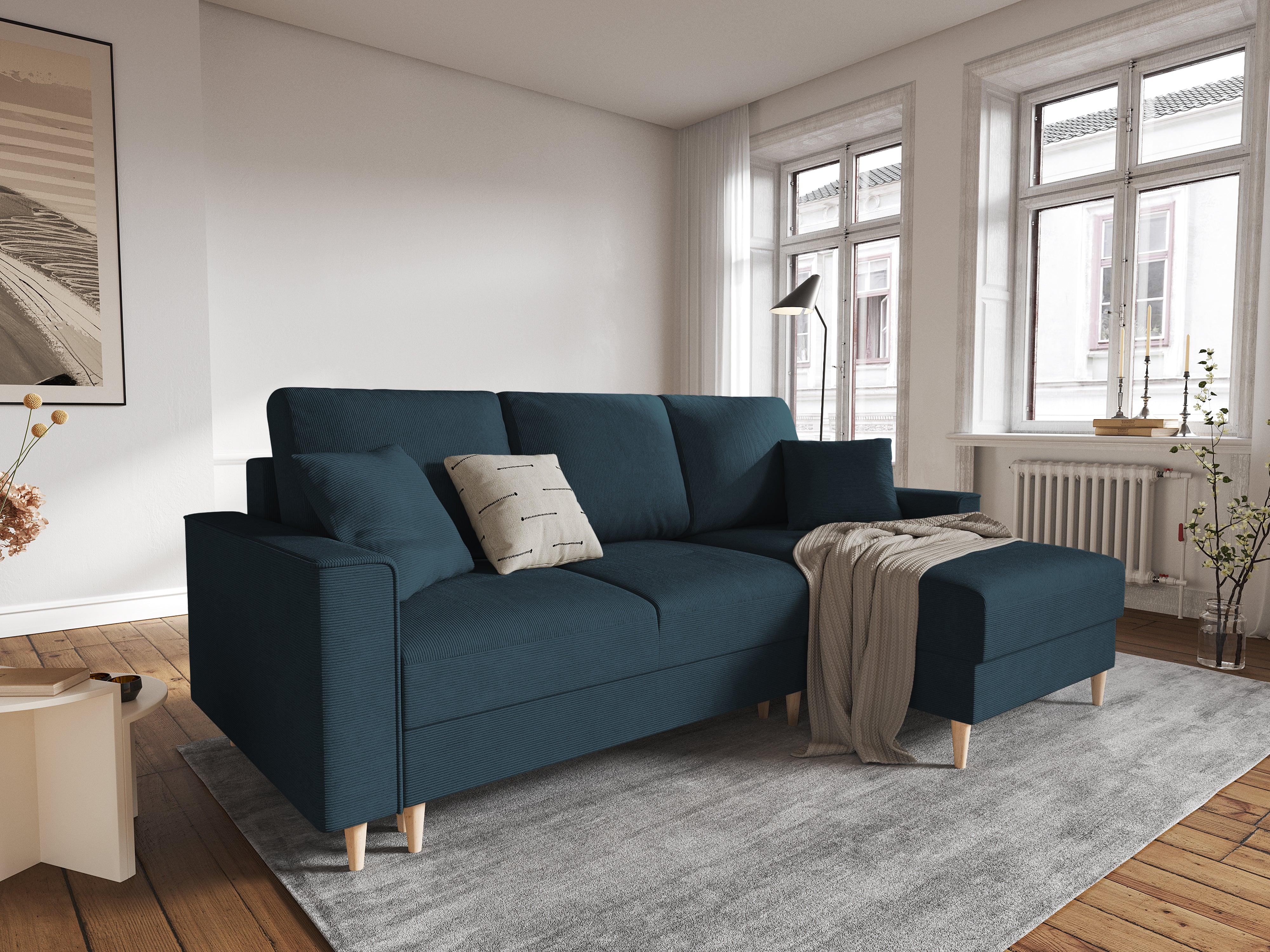 Narożnik prawostronny sztruksowy z funkcją spania CARTADERA granatowy Mazzini Sofas    Eye on Design