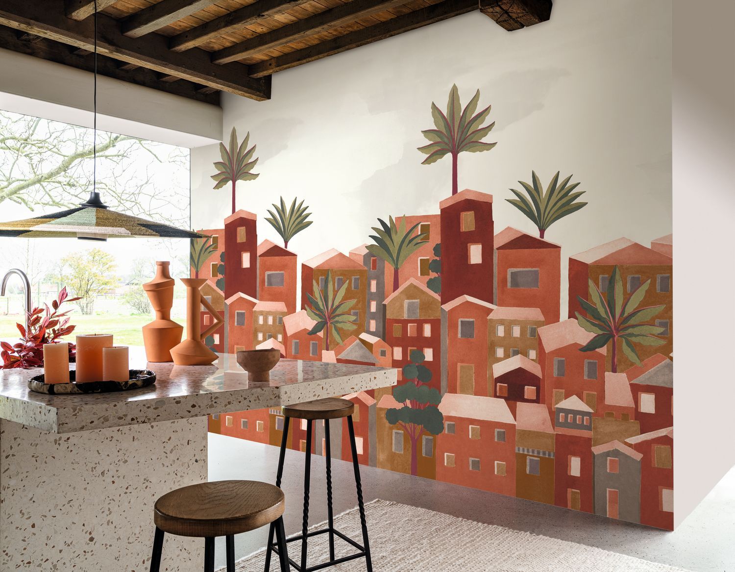 Mural with an urban landscape of VILA VIELA INT buildings - TERRACOTTA terracotta