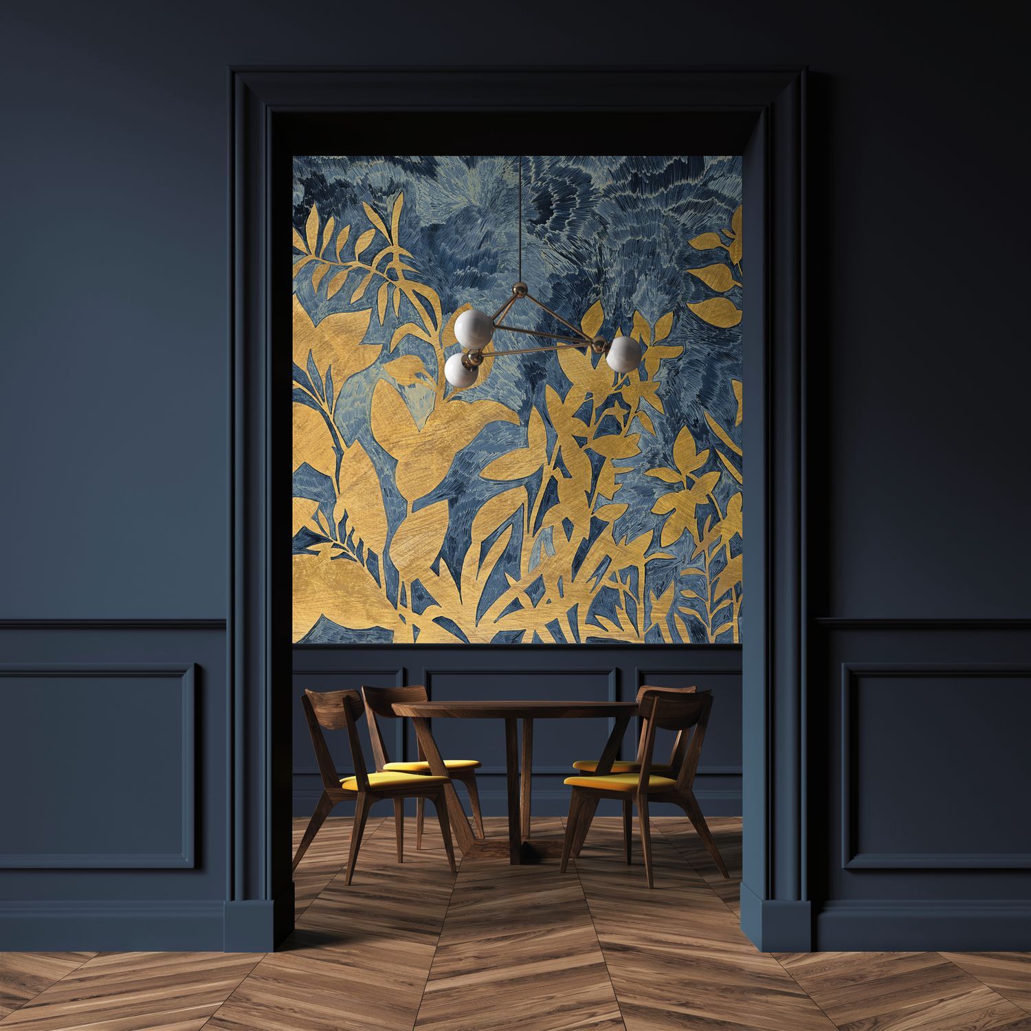 FLEUR DE LUNE Mural with Plant Motif - MARINE/DORÉ Navy Blue with Gold
