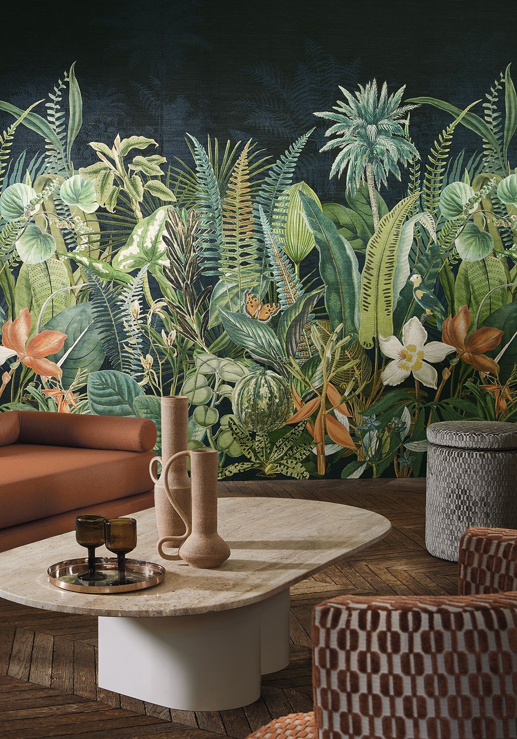 Daintree Plant-Themed Mural - Navy Blue/Green Moss