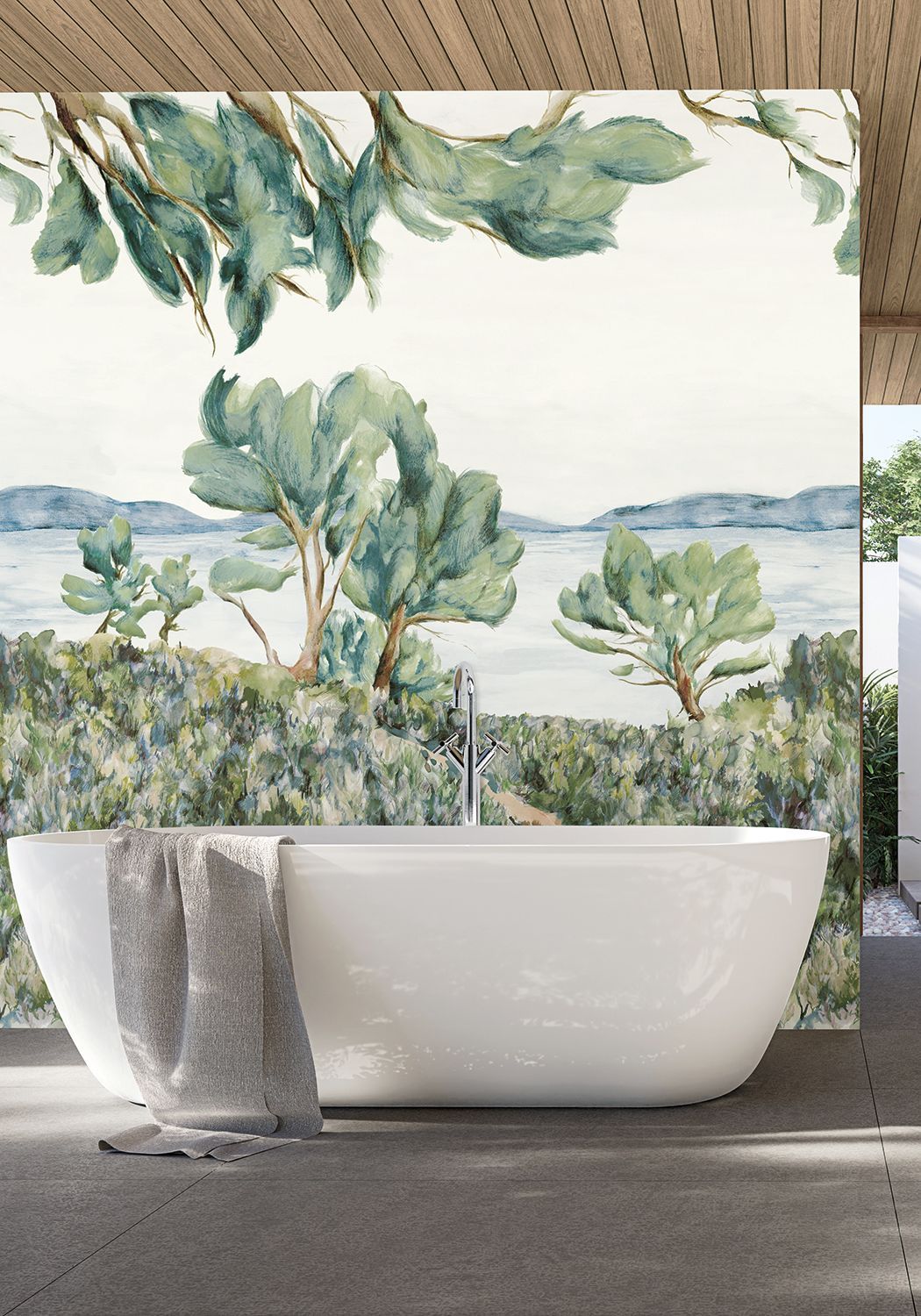 FELIX Plant Landscape Mural - SAGE/CELEDON Mint Green with Blue