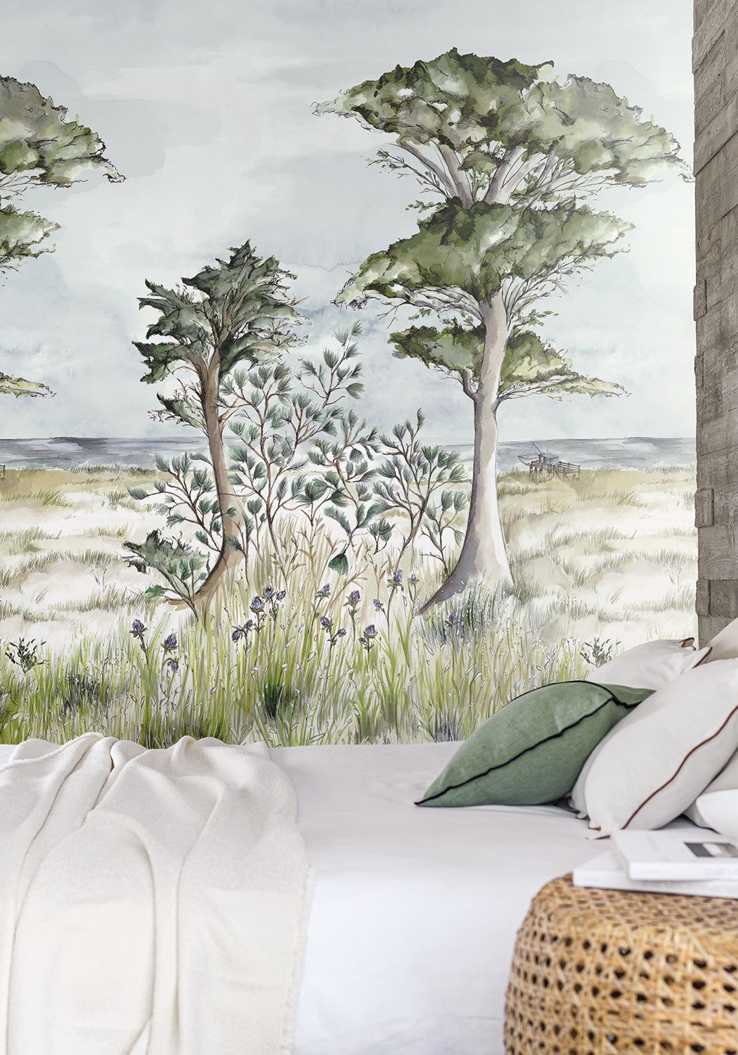 Mural with a coastal plant landscape PORNIC INT - CYPRES/CIEL muted green with blue