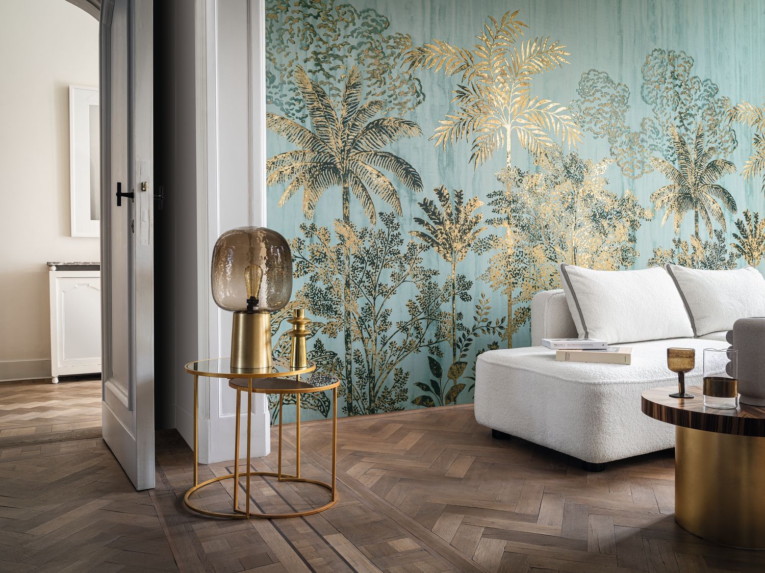 Palm-themed mural SIWA - OPALINE/DORÉ green with gold