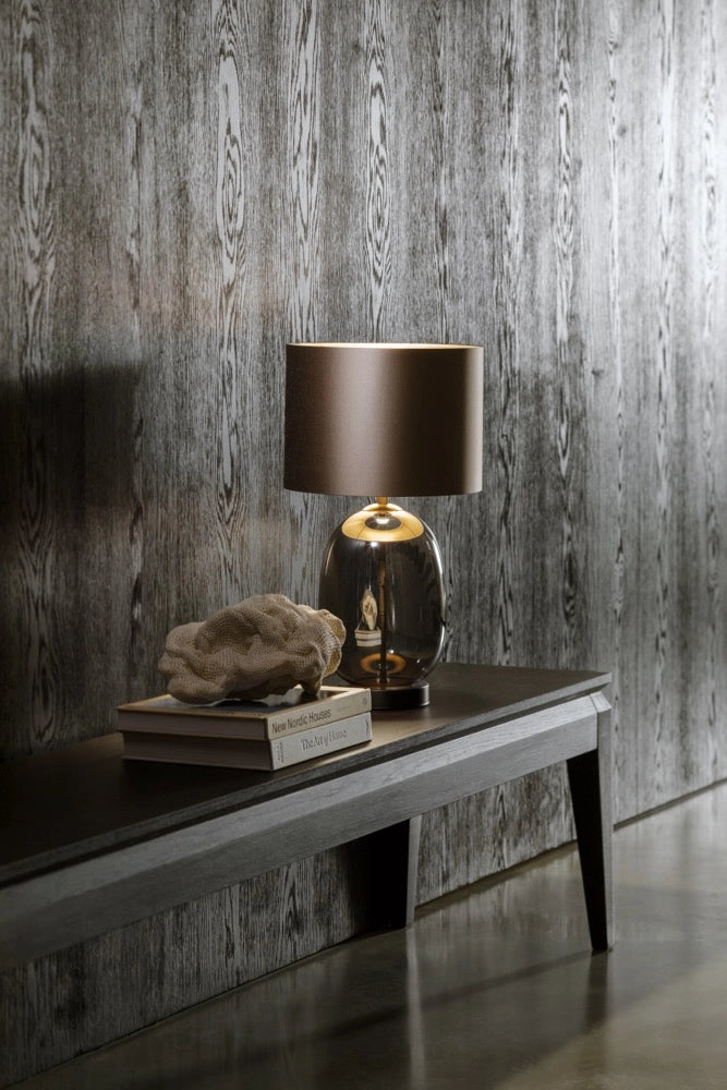 SALVADOR table lamp with smoked glass, brown shade, and black finish