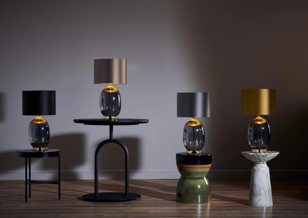 SALVADOR table lamp with smoked glass, graphite shade, and gold finish