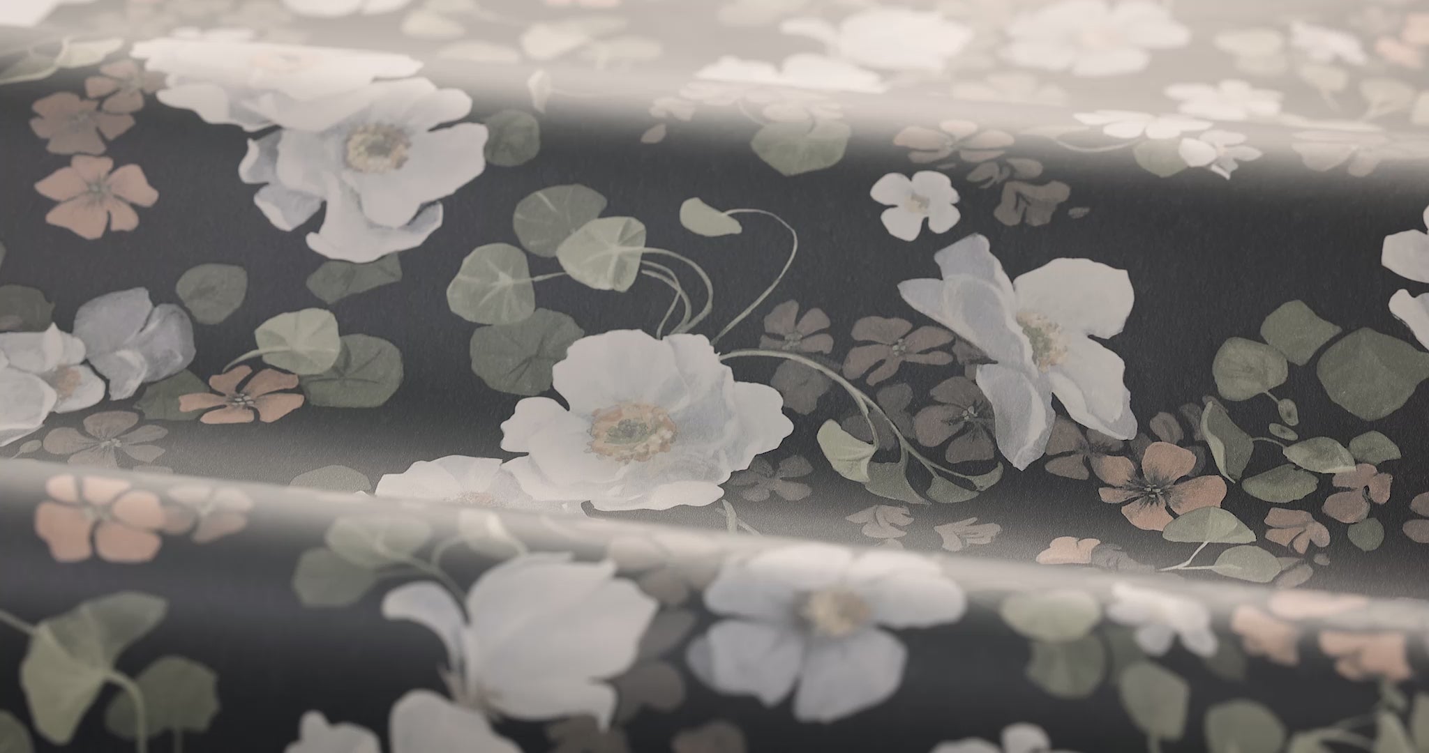 Non-woven paper wallpaper with an enchanting flower pattern in brown and white