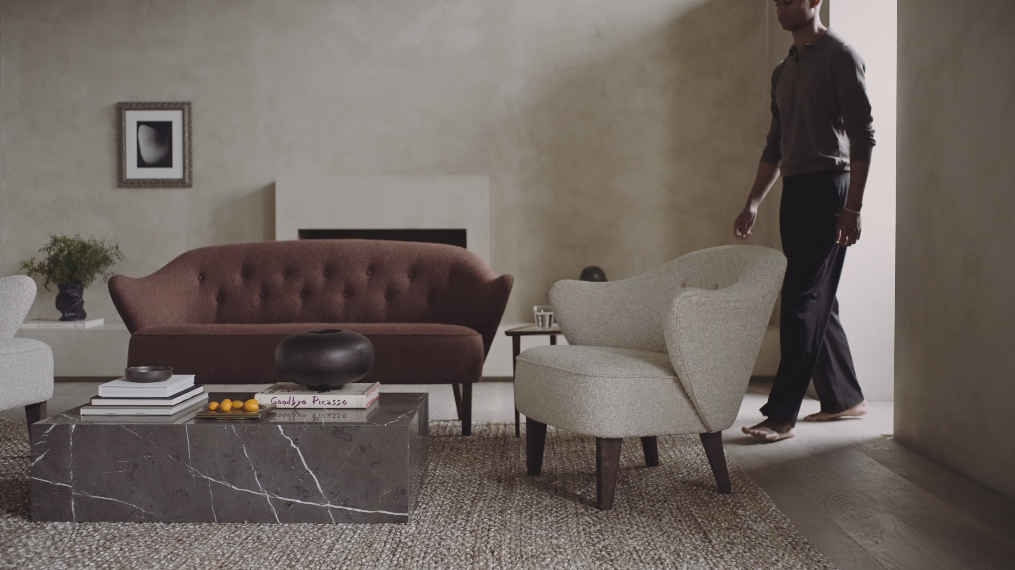 INGEBORG navy footstool with oak base [Julia]