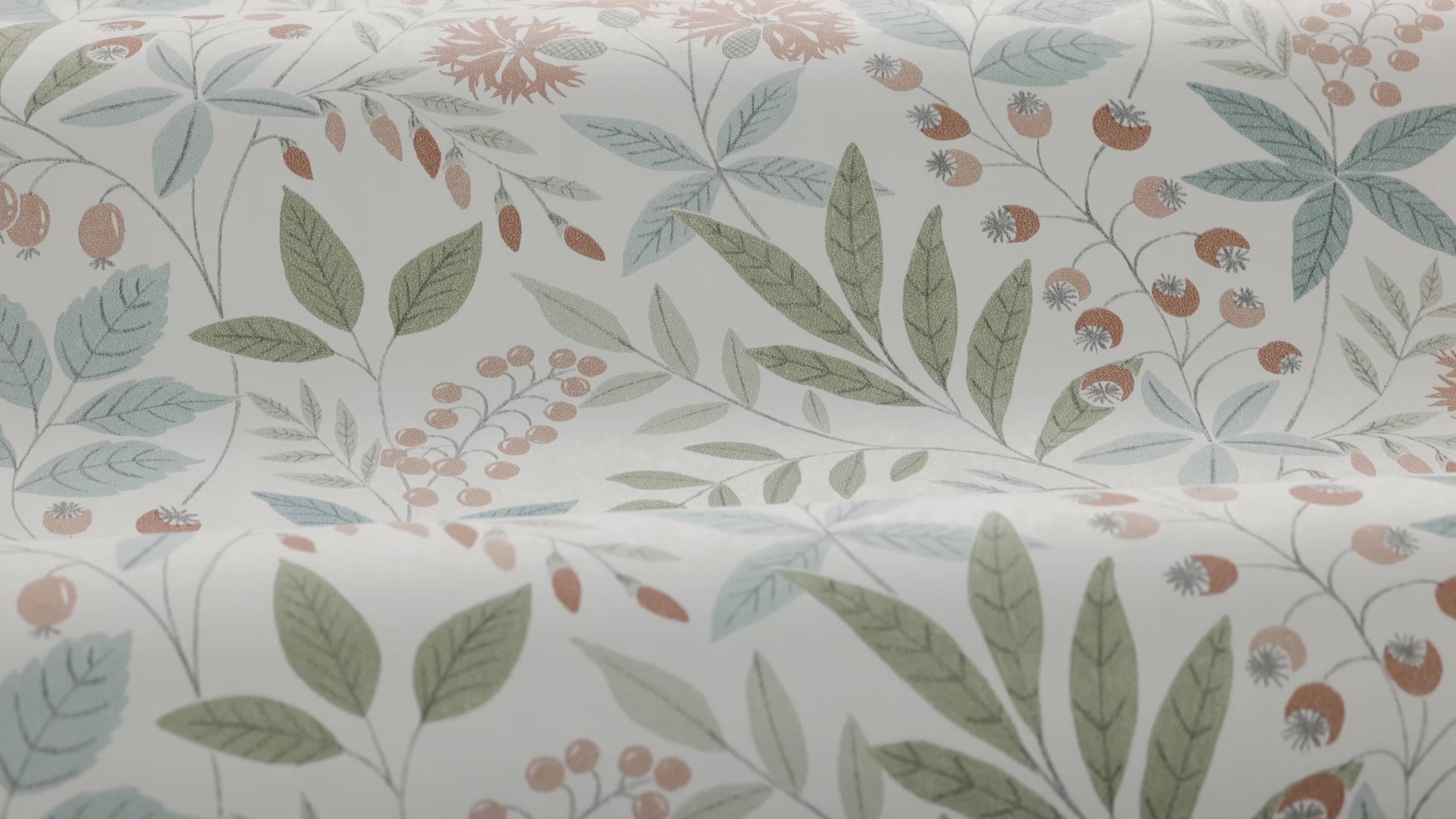 VILMA hellbeige Tapete aus Vlies mit pflanzlichem Muster und grünen Akzenten