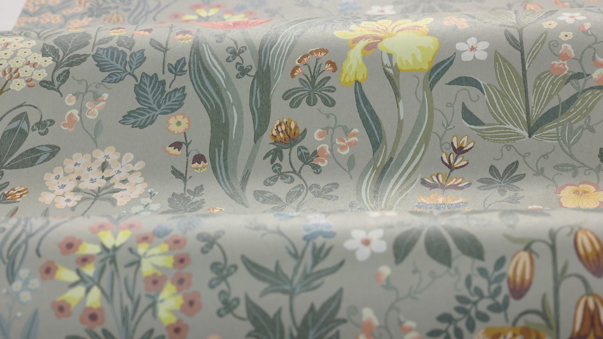 Flower Pattern Wallpaper BLOMSTERHAV Gray with Green
