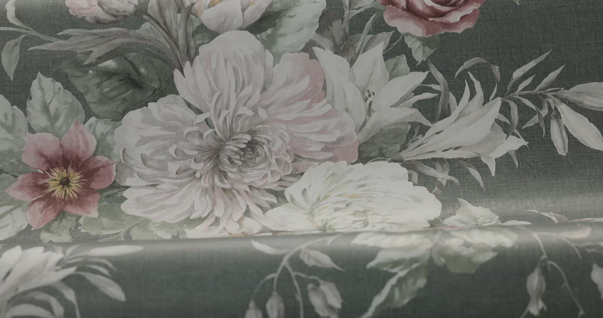 Vlies-Tapete mit pflanzlichem Muster FLORAL CHARM dunkelgrün mit rosa