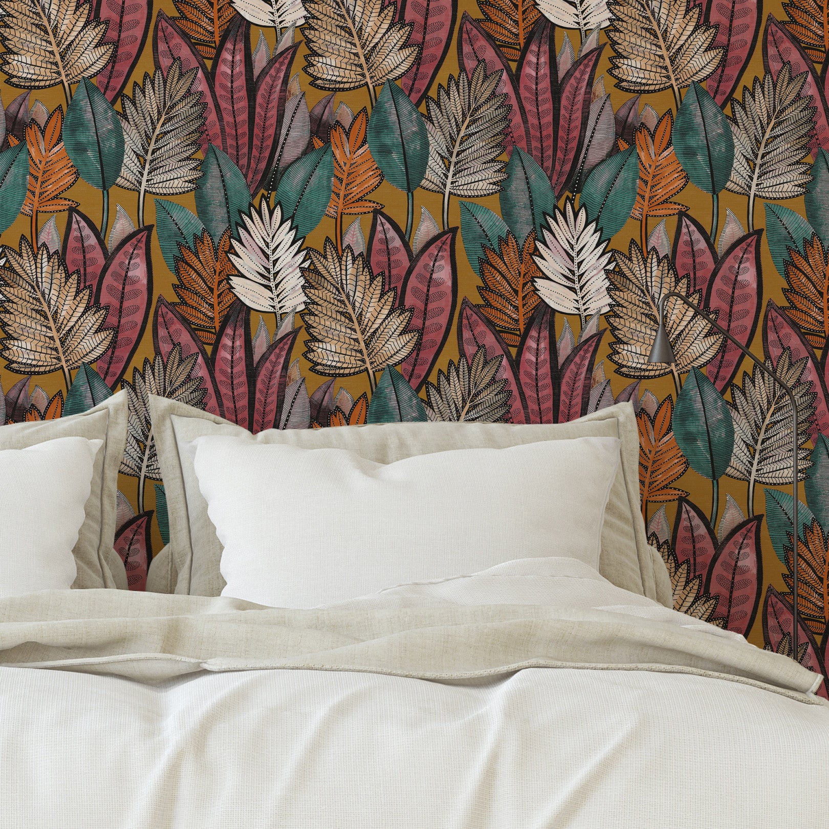 SABAL Structural Wallpaper with Plant Motif - TABAC/CELADON Brown with Celadon Green