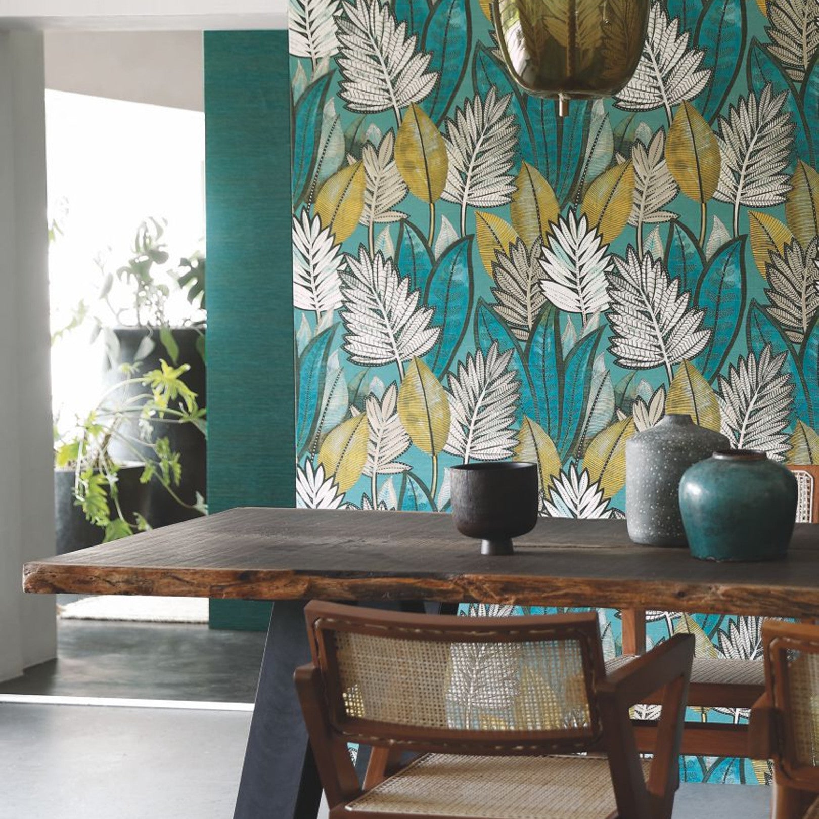 SABAL Structural Wallpaper with Plant Motif - Anthracite with Yellow