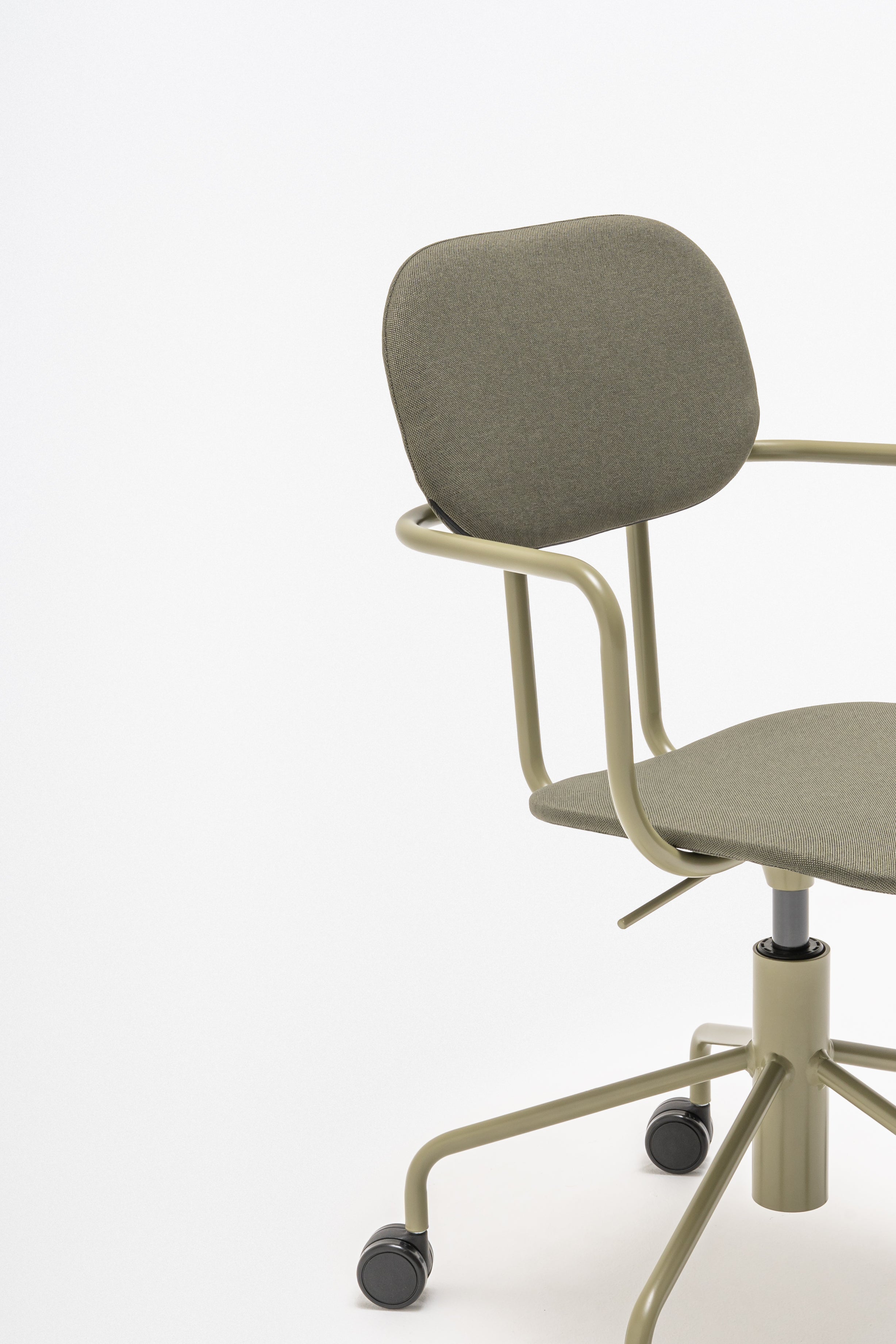 Office chair with adjustable New School base upholstered with wheels to the hard surface