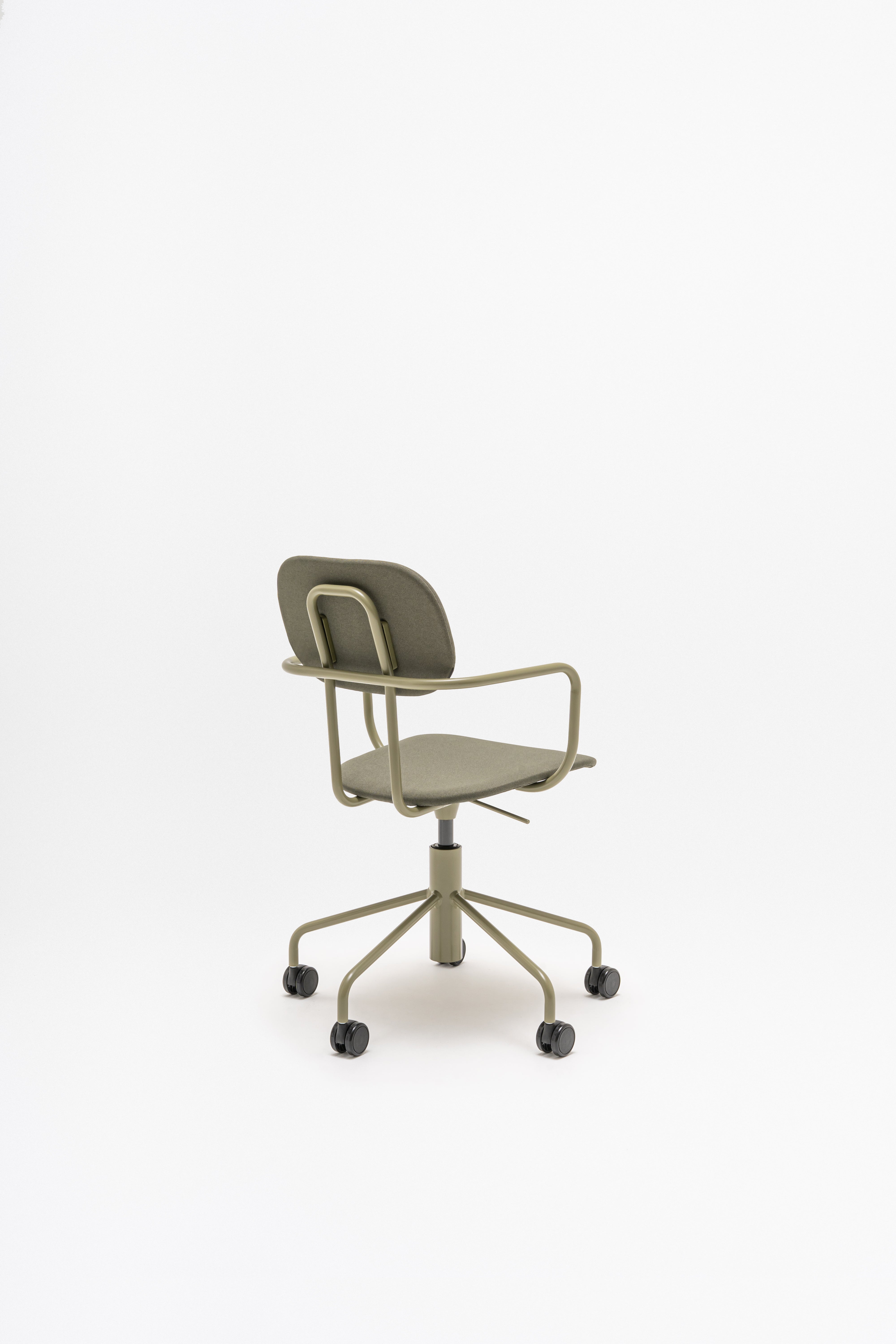 Office chair with adjustable New School base upholstered with wheels to the hard surface