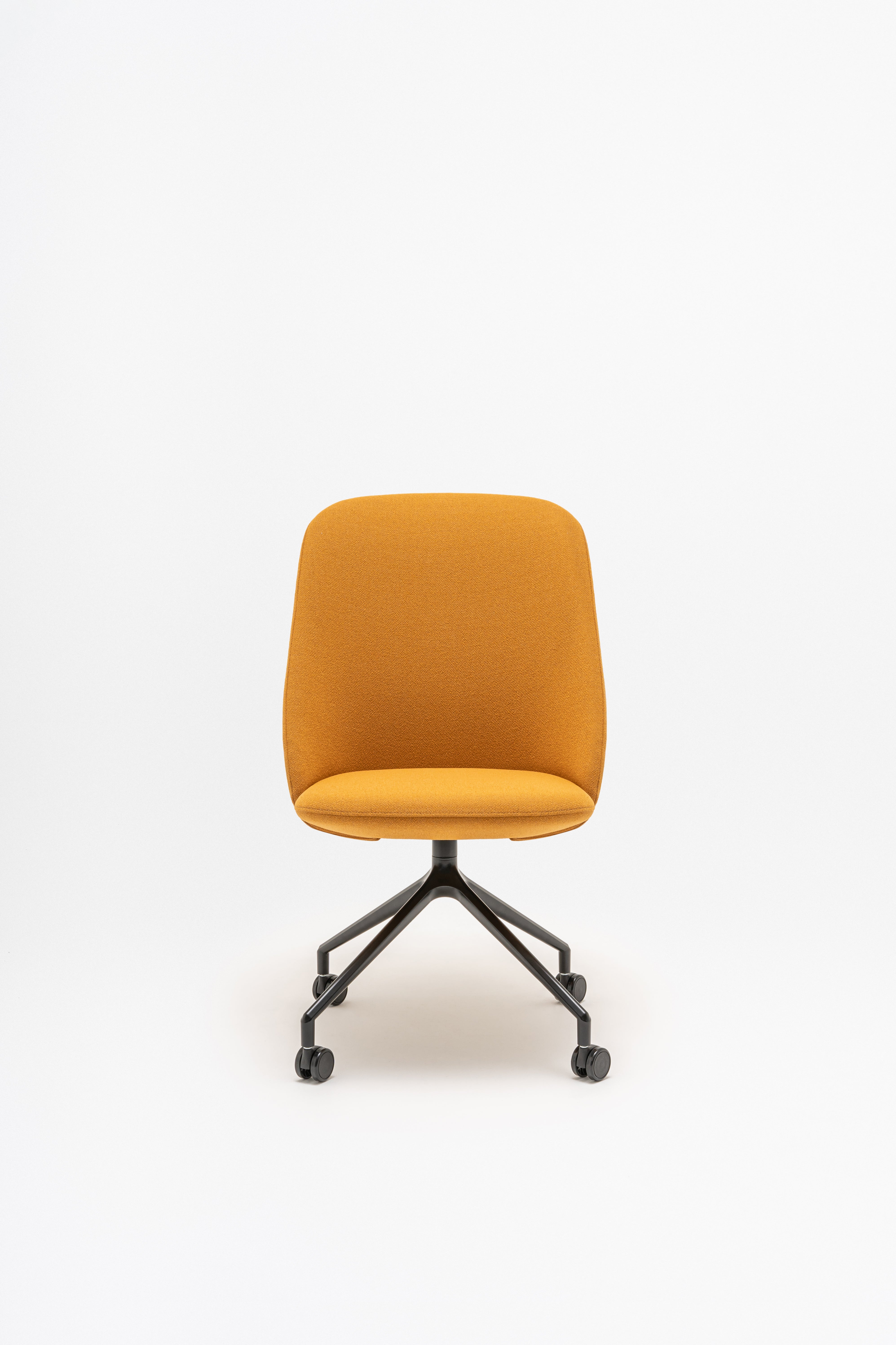 Rotable armchair with a high back parallel metal base with wheels to a hard surface