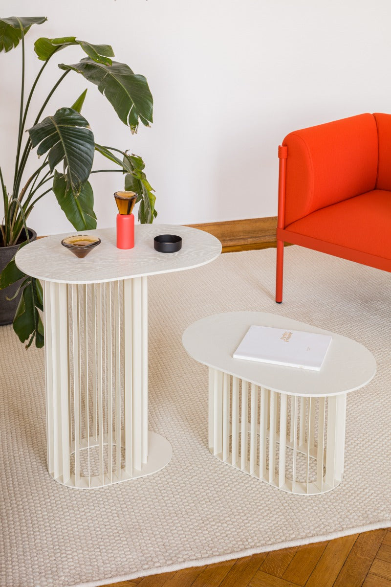 Roll Veneer side table with a metal base