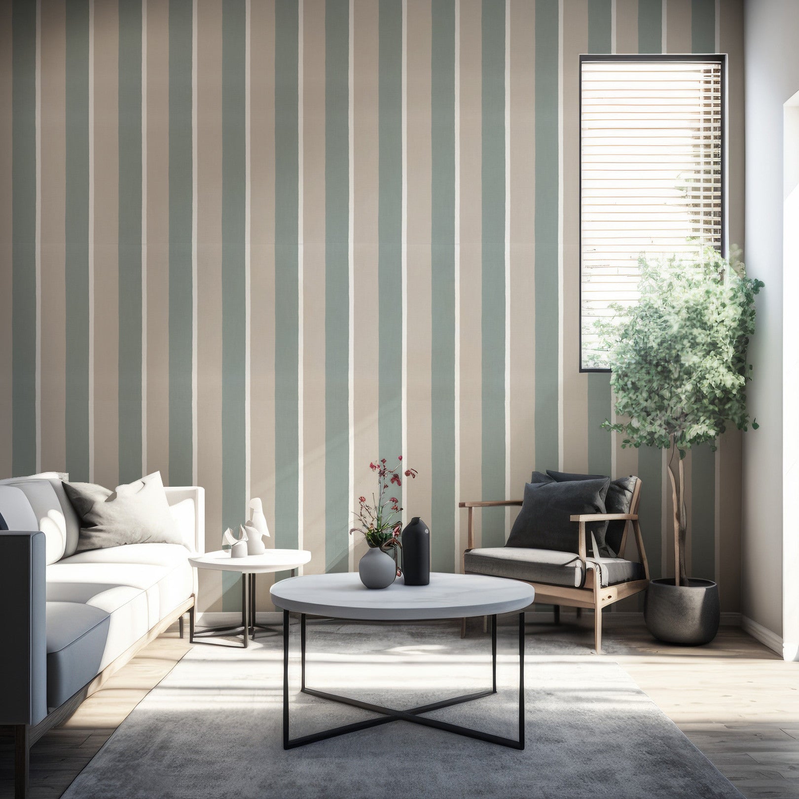 Structural wallpaper imitating striped canvas SINOPIA - GRÈGE/VERT DE GRIS green with brown