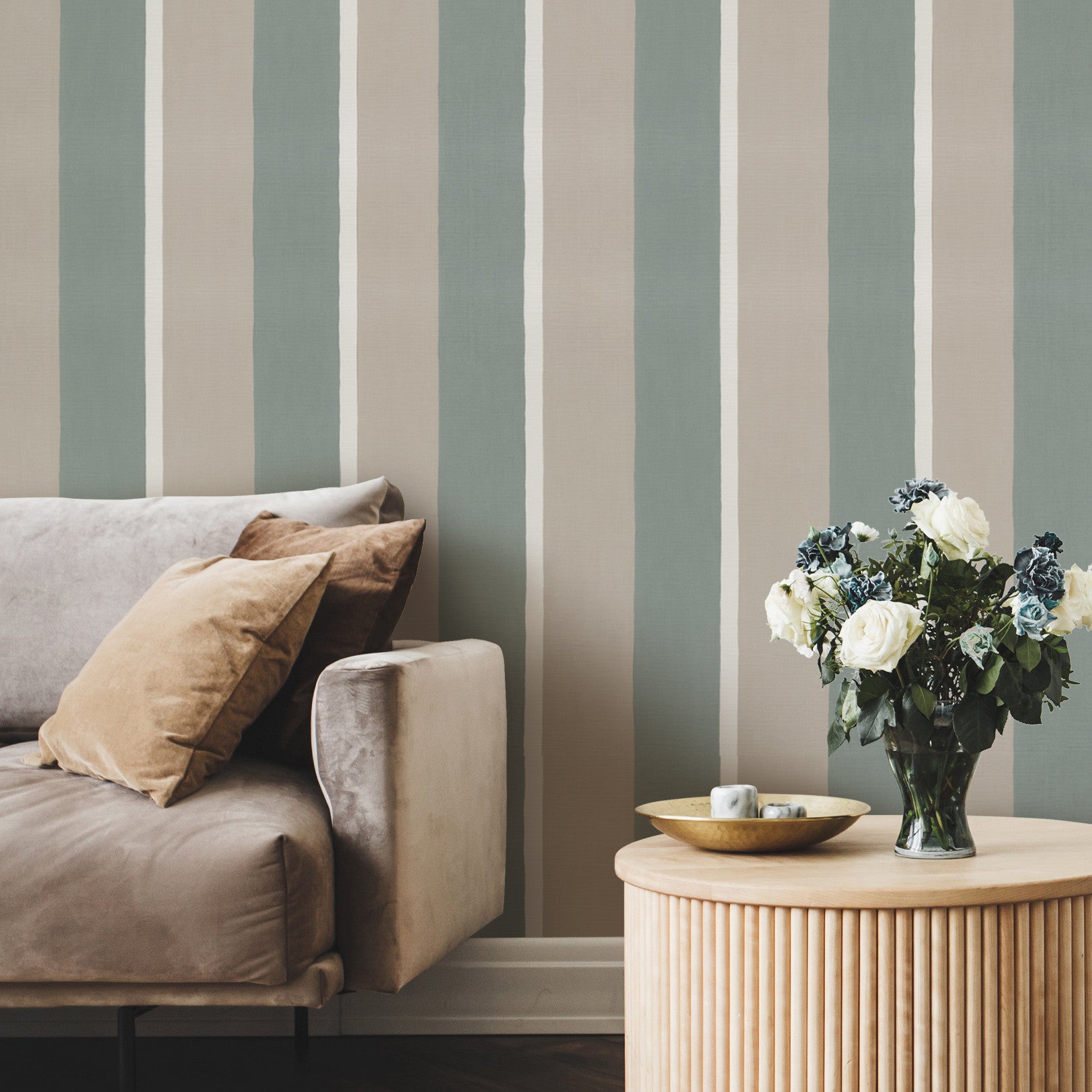 Structural wallpaper imitating striped canvas SINOPIA - GRÈGE/VERT DE GRIS green with brown