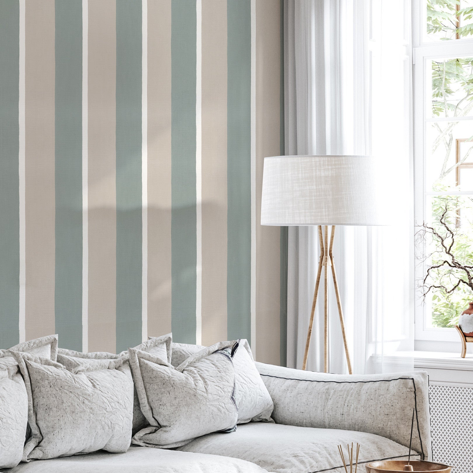 Structural wallpaper imitating striped canvas SINOPIA - GRÈGE/VERT DE GRIS green with brown