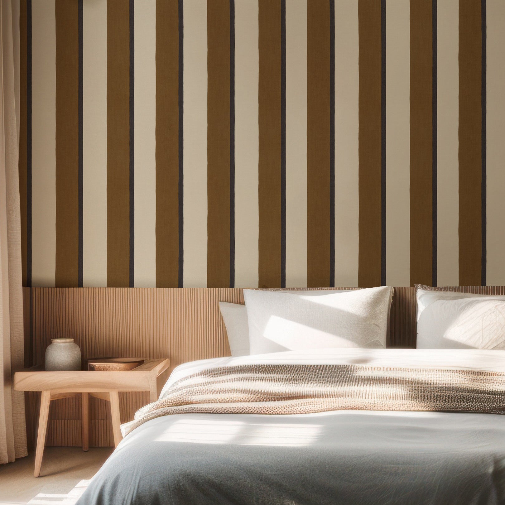 Structural wallpaper imitating striped canvas SINOPIA - NOIR/CAMEL brown with cream