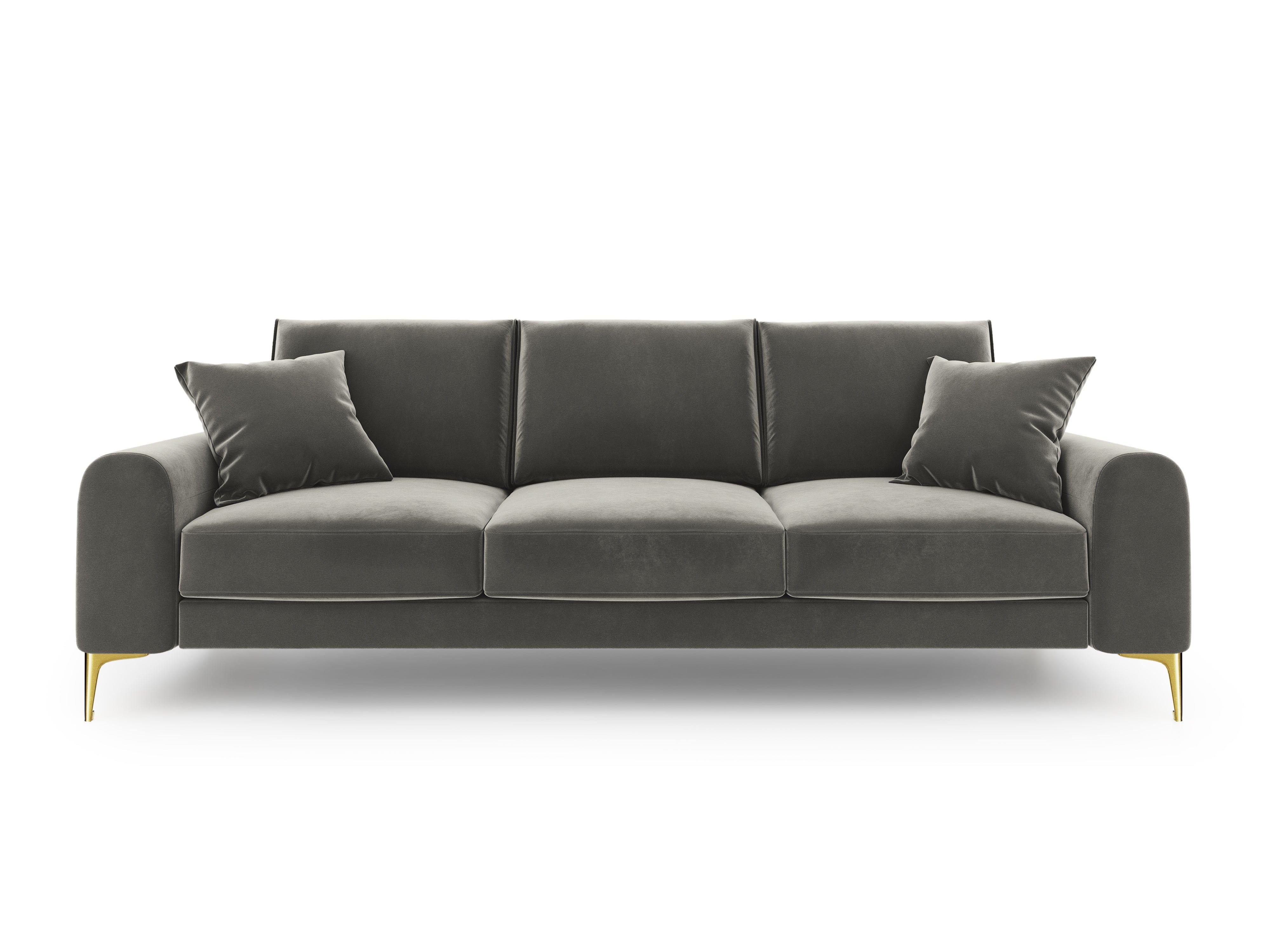 Sofa aksamitna 3-osobowa MADARA szary ze złotą podstawą Mazzini Sofas    Eye on Design