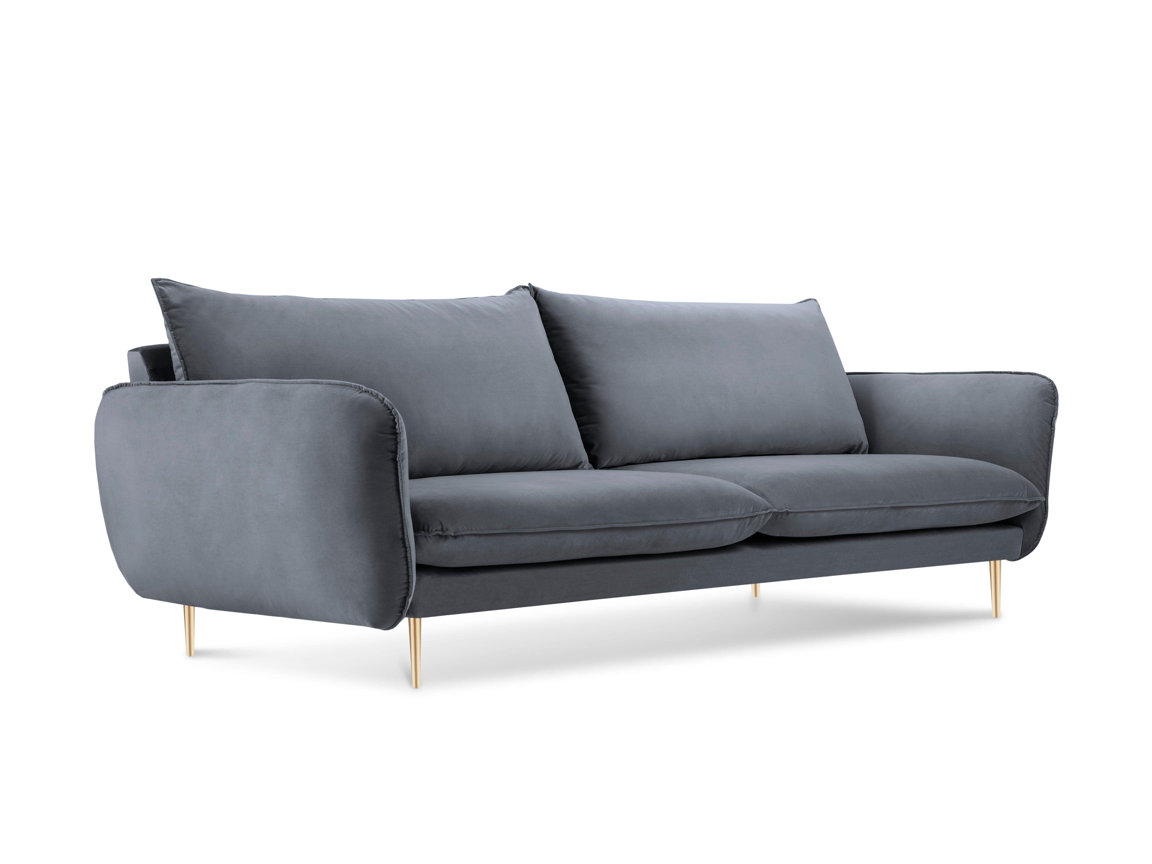 Sofa aksamitna 3-osobowa VIENNA szary ze złotą podstawą Cosmopolitan Design    Eye on Design