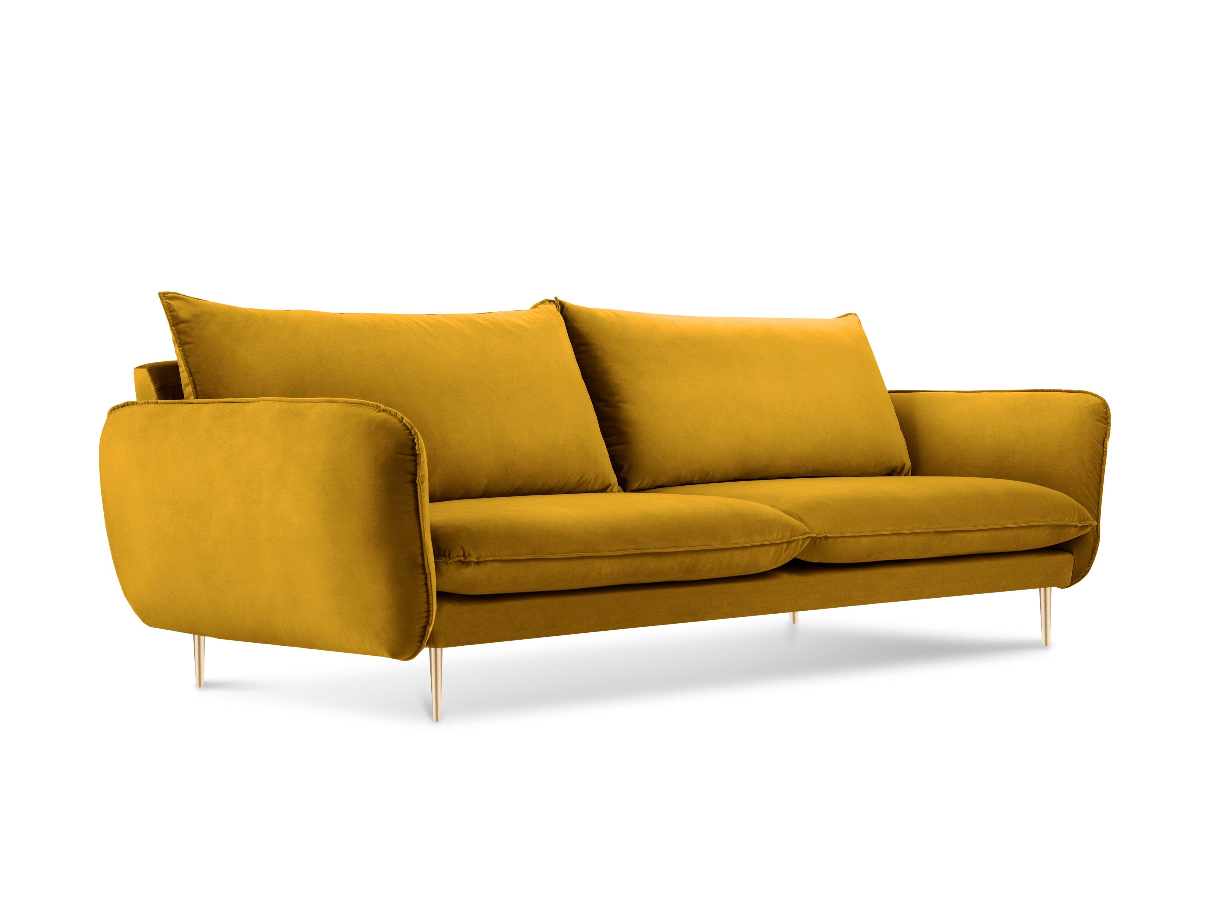 Sofa aksamitna 3-osobowa VIENNA żółty ze złotą podstawą Cosmopolitan Design    Eye on Design