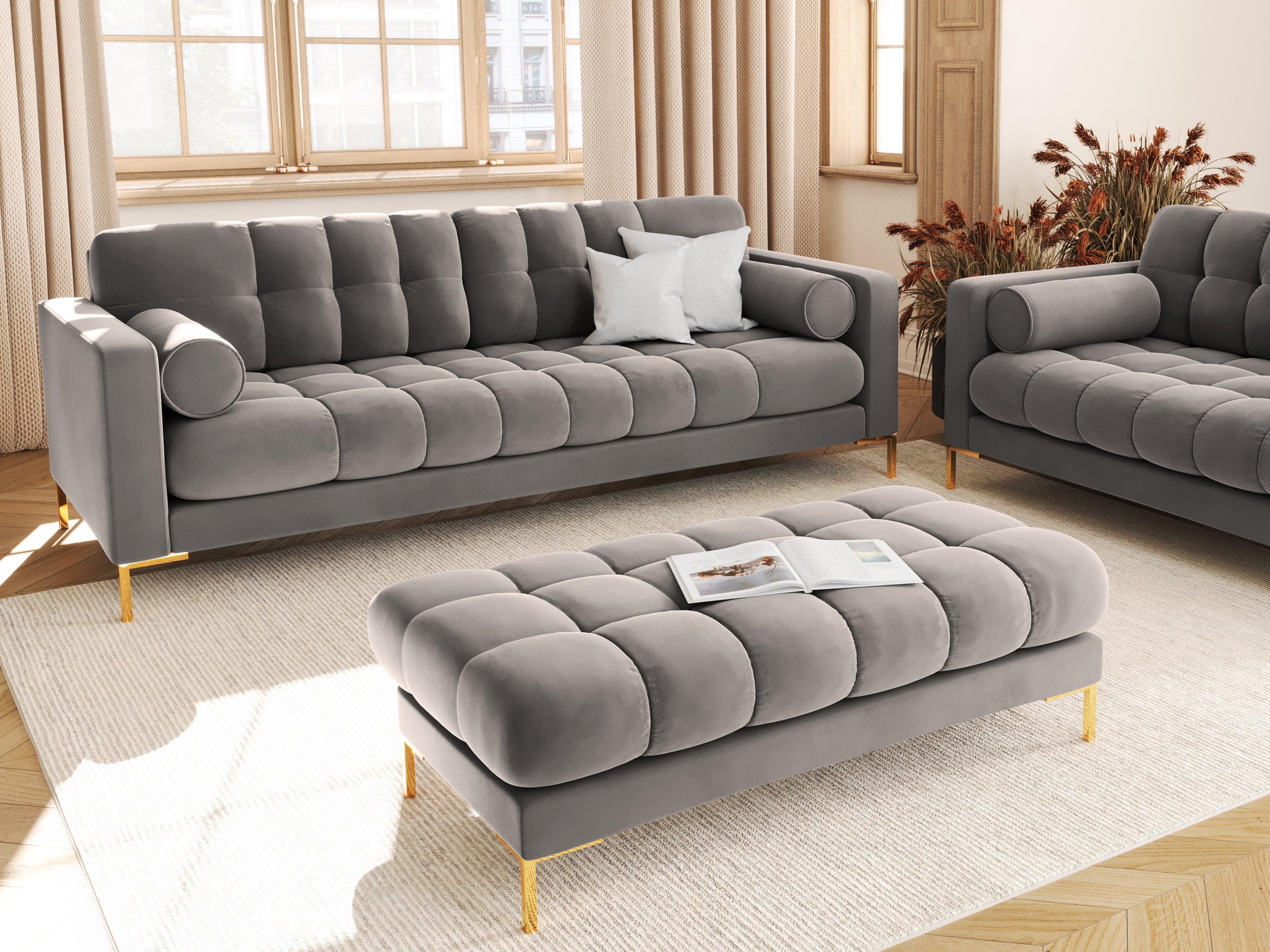 Sofa aksamitna 4-osobowa BALI jasnoszary ze złotą podstawą Cosmopolitan Design    Eye on Design