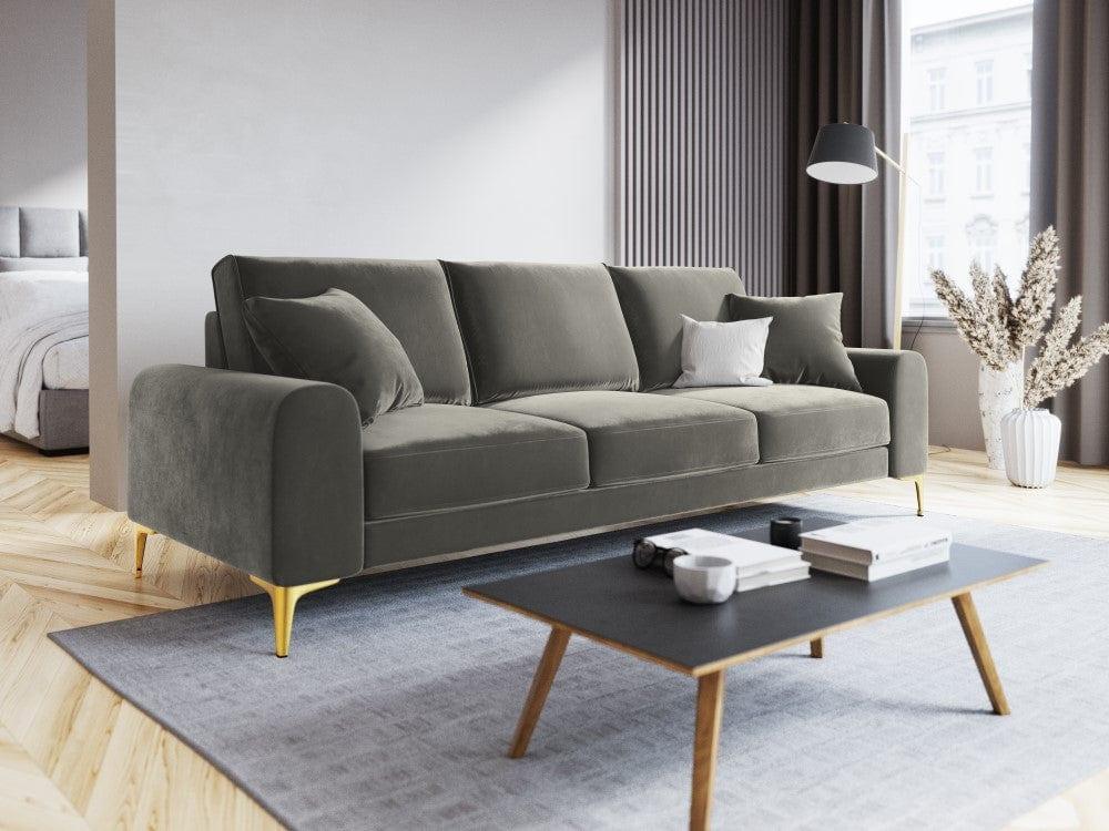 Sofa aksamitna 4-osobowa MADARA szary ze złotą podstawą Mazzini Sofas    Eye on Design