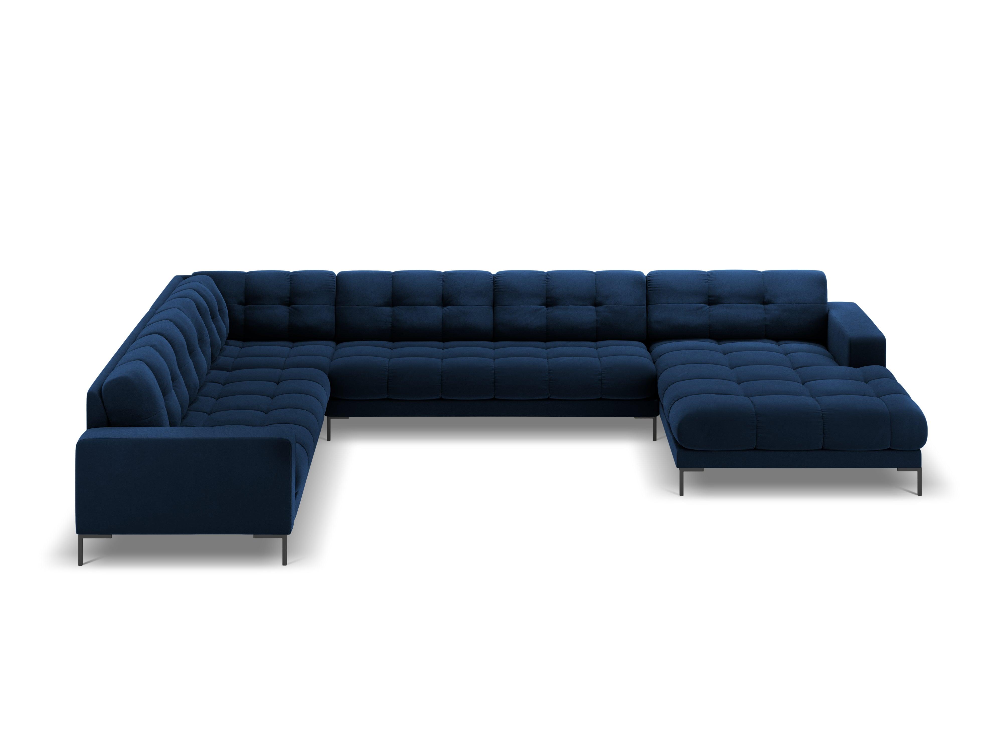 Sofa aksamitna panoramiczna lewostronna 7-osobowa BALI granat królewski z czarną podstawą Cosmopolitan Design    Eye on Design