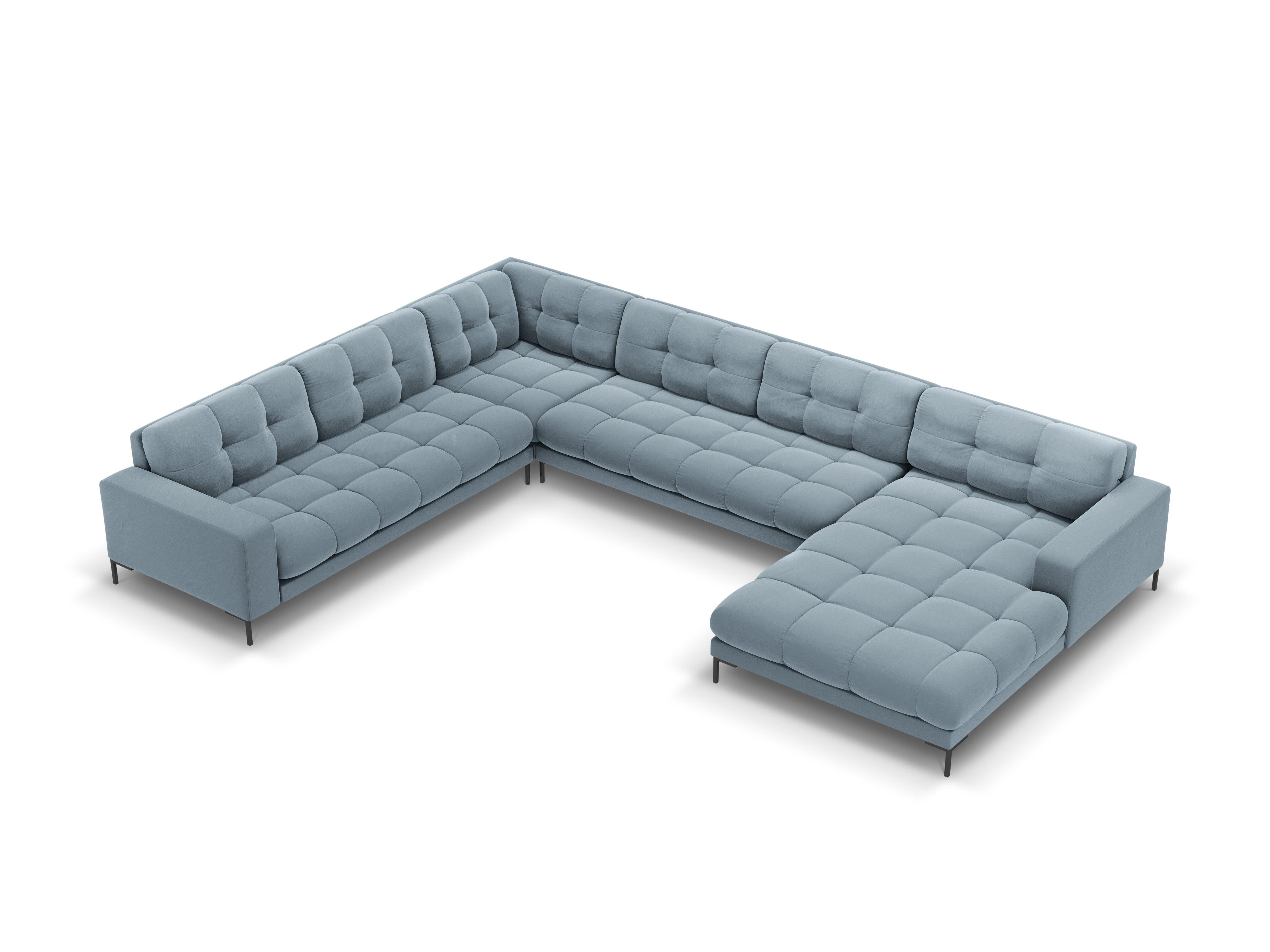 Sofa aksamitna panoramiczna lewostronna 7-osobowa BALI jasnoniebieski z czarną podstawą Cosmopolitan Design    Eye on Design