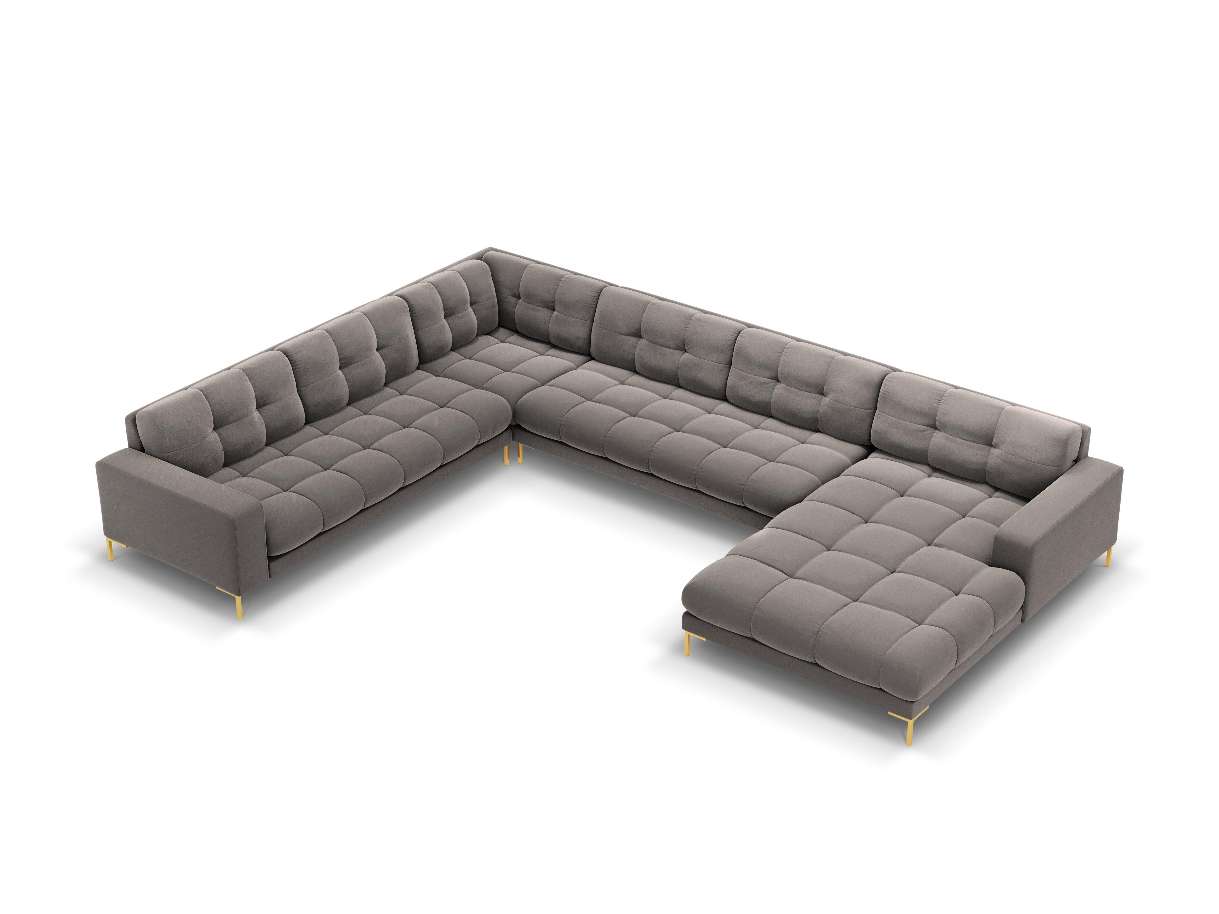 Sofa aksamitna panoramiczna lewostronna 7-osobowa BALI jasnoszary ze złotą podstawą Cosmopolitan Design    Eye on Design