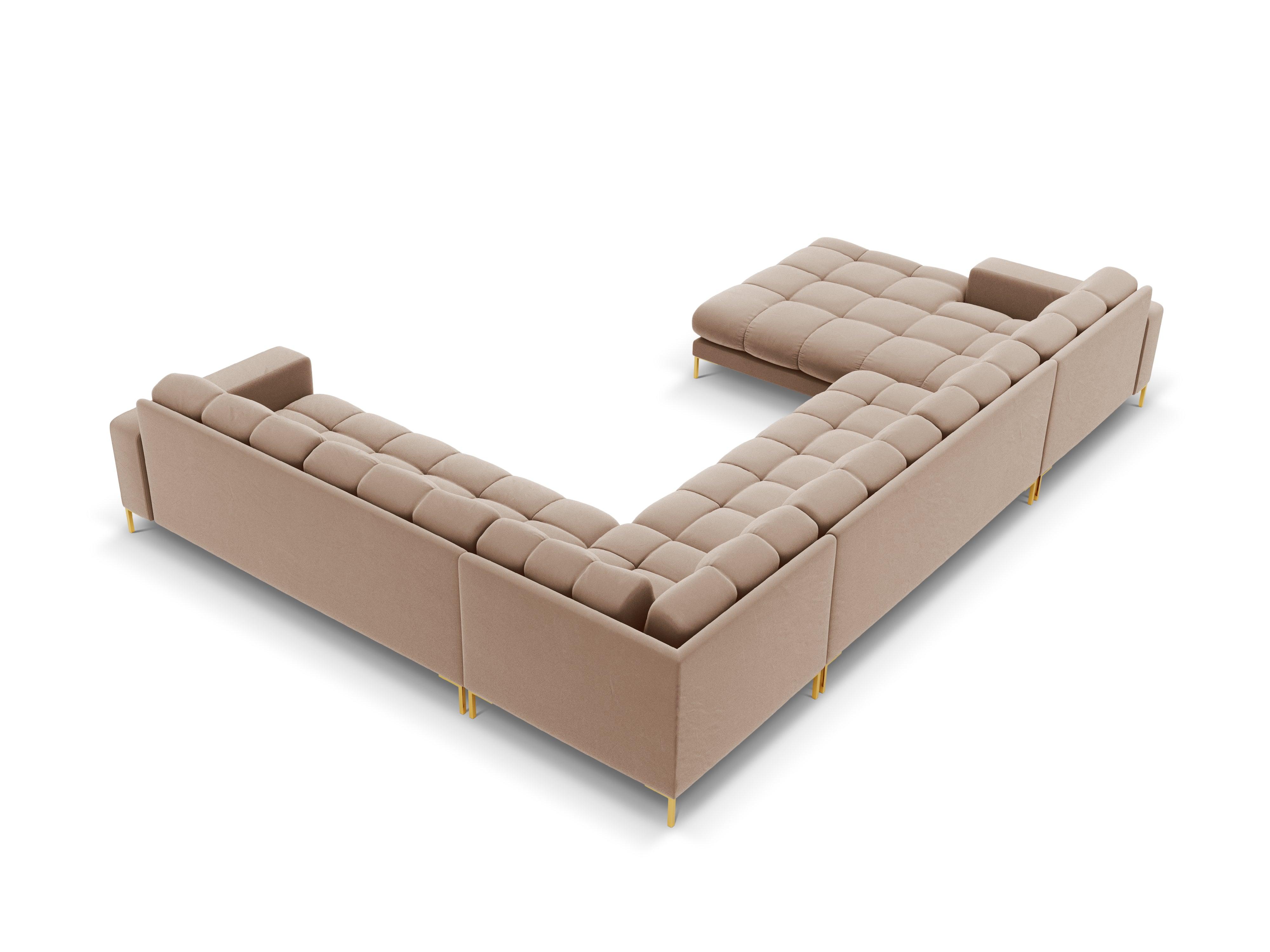 Sofa aksamitna panoramiczna prawostronna 7-osobowa BALI beżowy ze złotą podstawą Cosmopolitan Design    Eye on Design