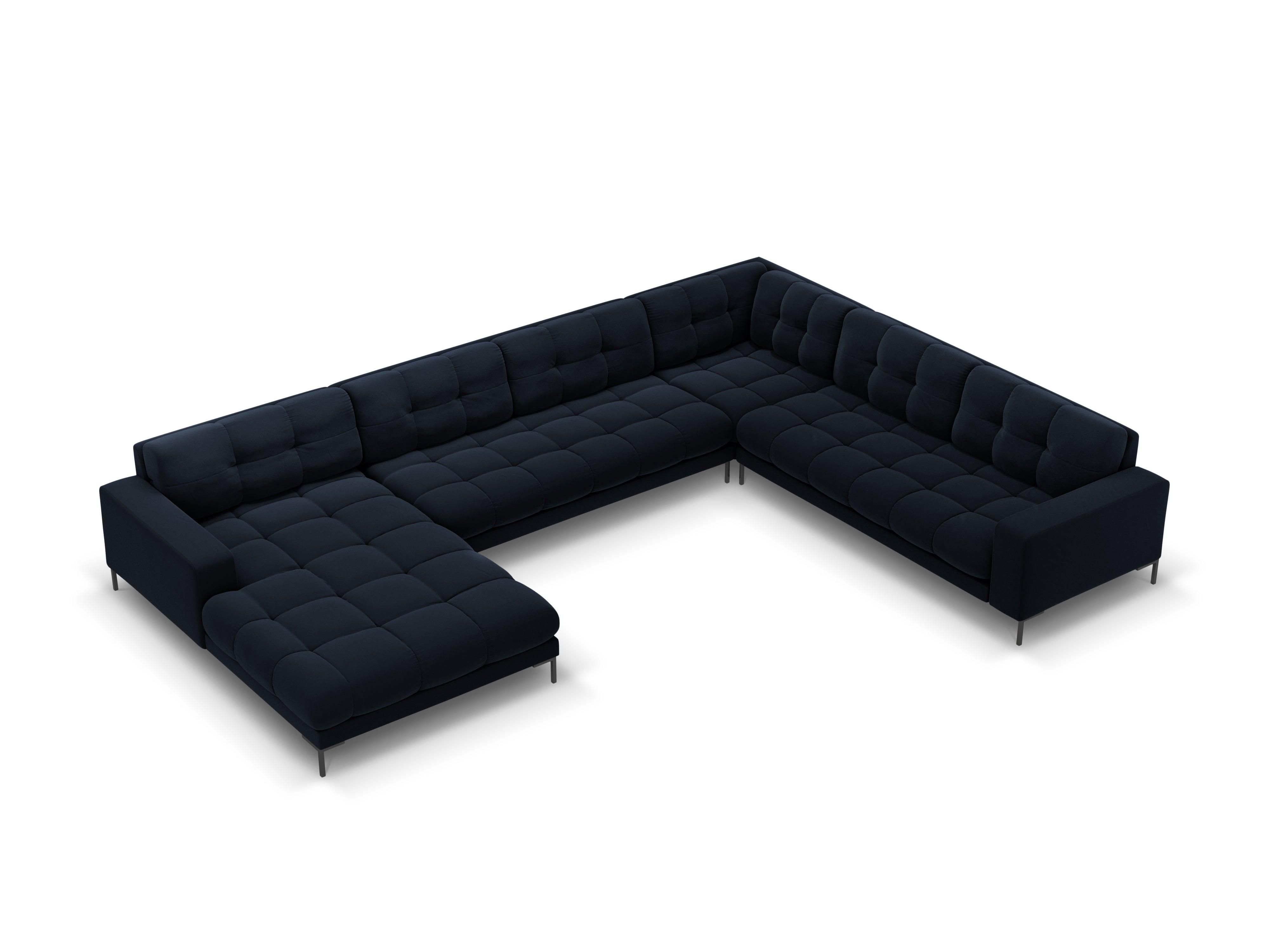 Sofa aksamitna panoramiczna prawostronna 7-osobowa BALI ciemnoniebieski z czarną podstawą Cosmopolitan Design    Eye on Design