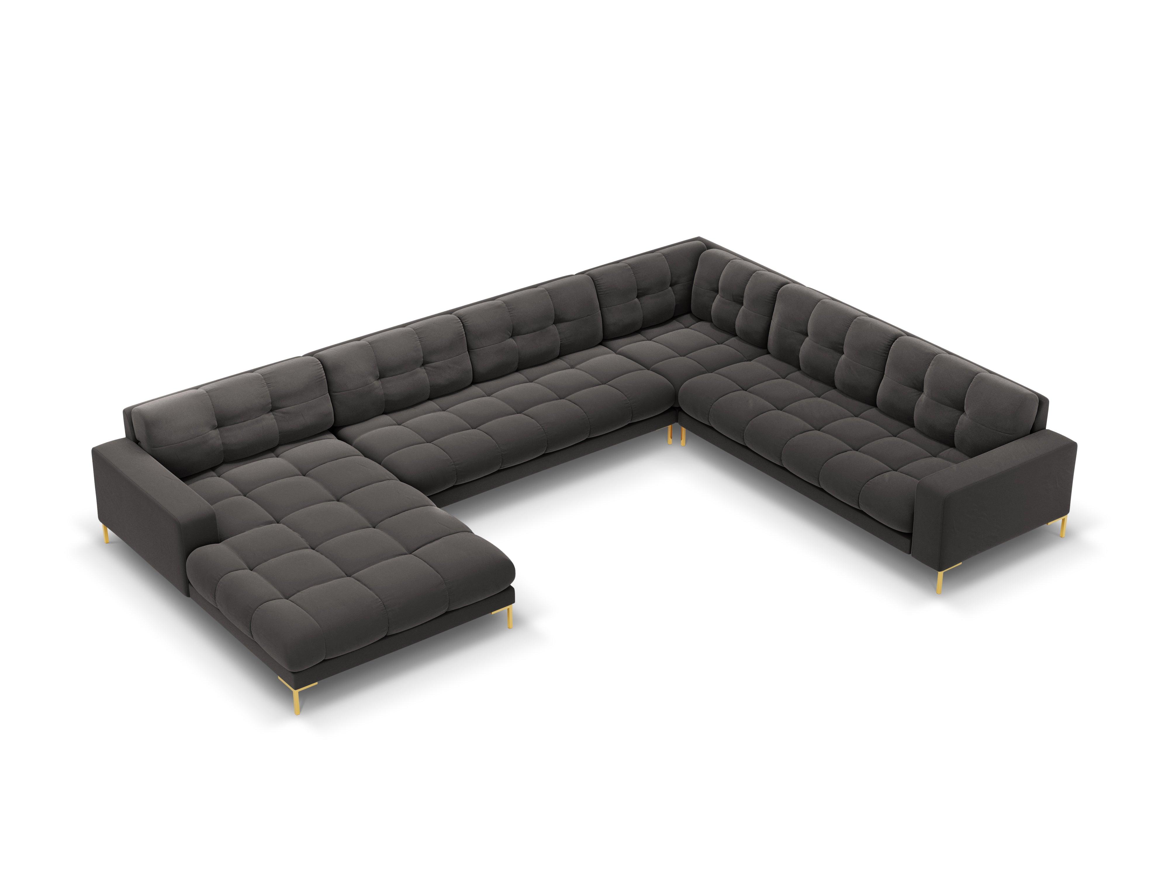 Sofa aksamitna panoramiczna prawostronna 7-osobowa BALI ciemnoszary ze złotą podstawą Cosmopolitan Design    Eye on Design