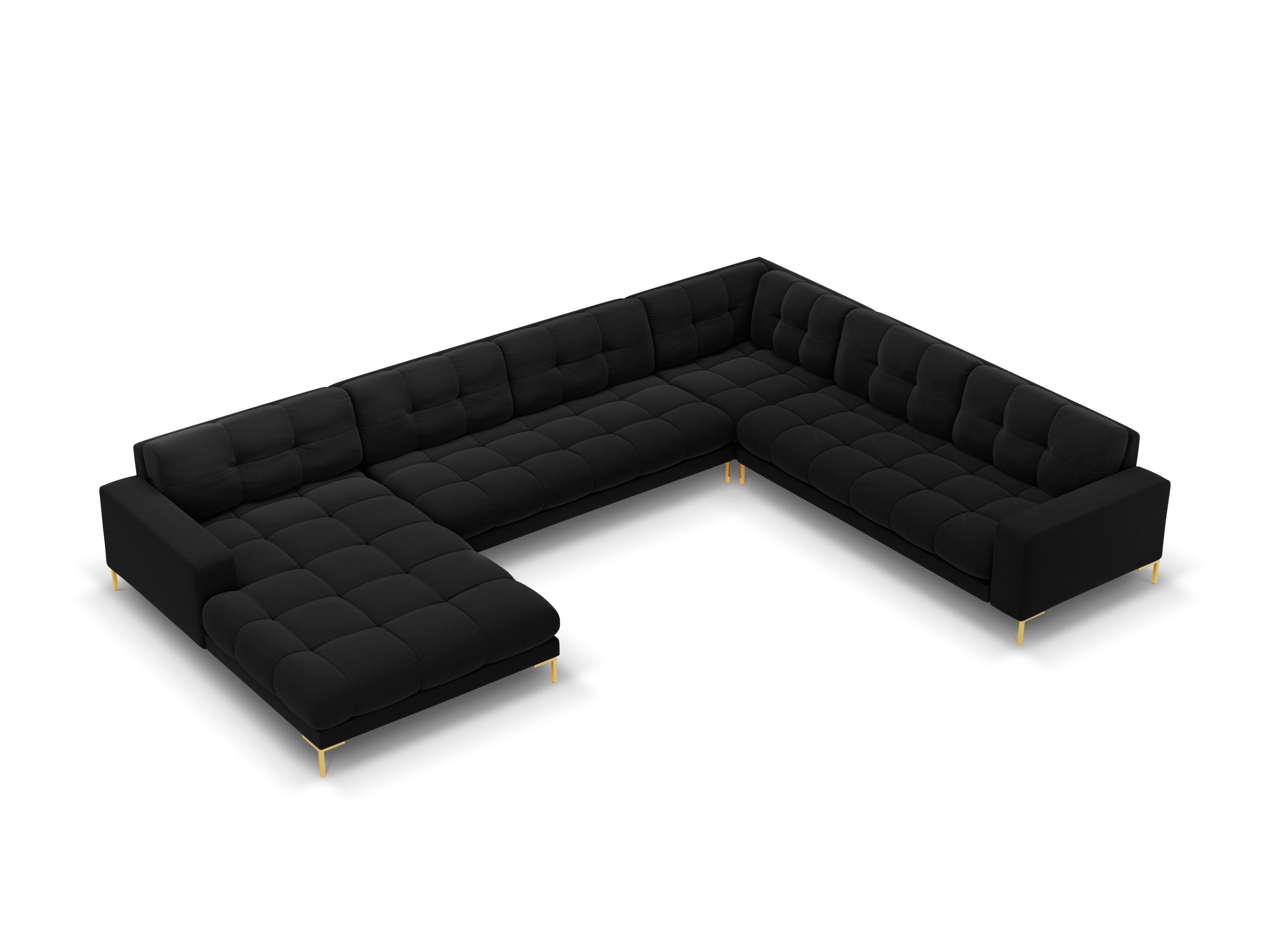 Sofa aksamitna panoramiczna prawostronna 7-osobowa BALI czarny ze złotą podstawą Cosmopolitan Design    Eye on Design