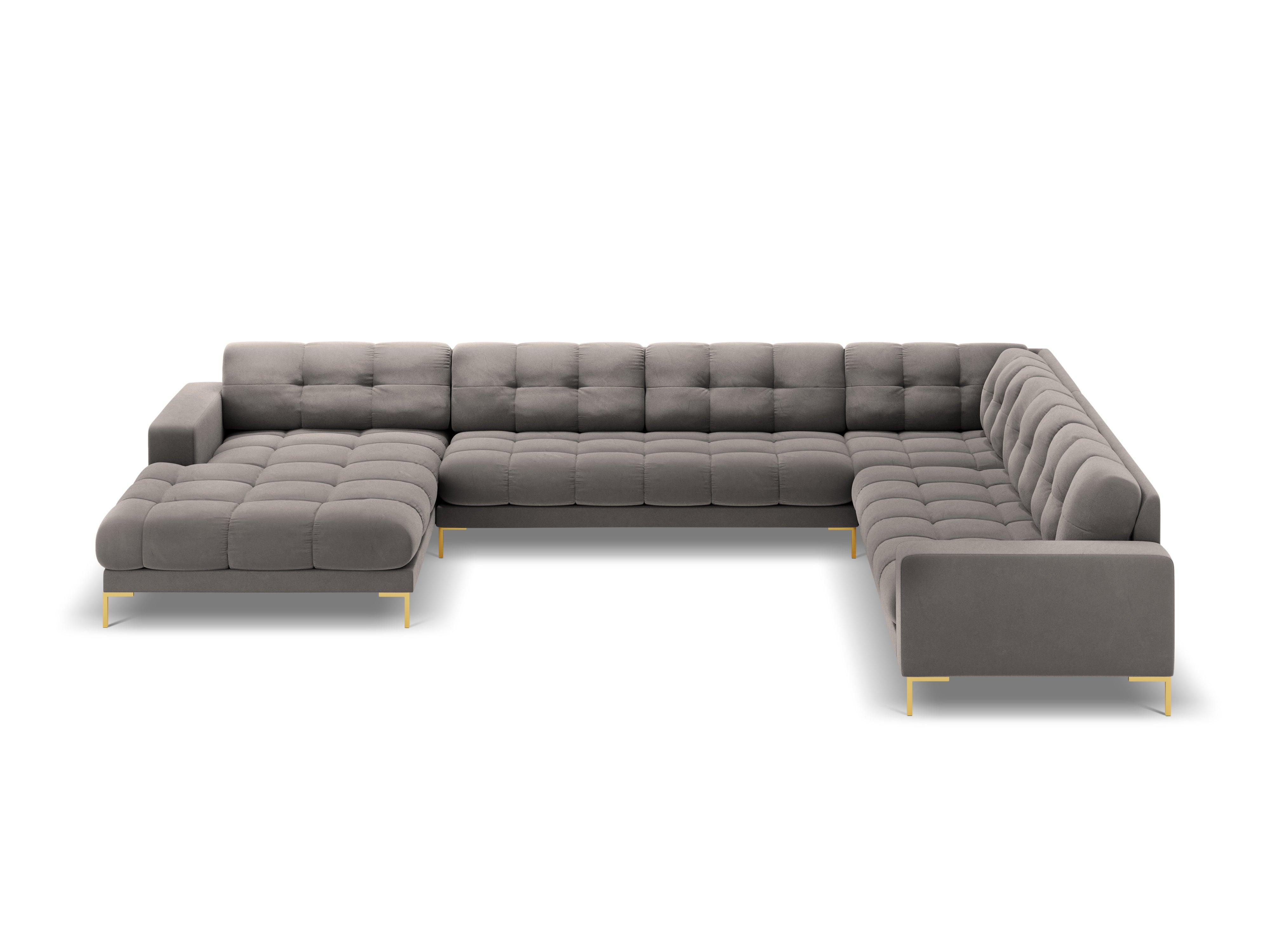 Sofa aksamitna panoramiczna prawostronna 7-osobowa BALI jasnoszary ze złotą podstawą Cosmopolitan Design    Eye on Design