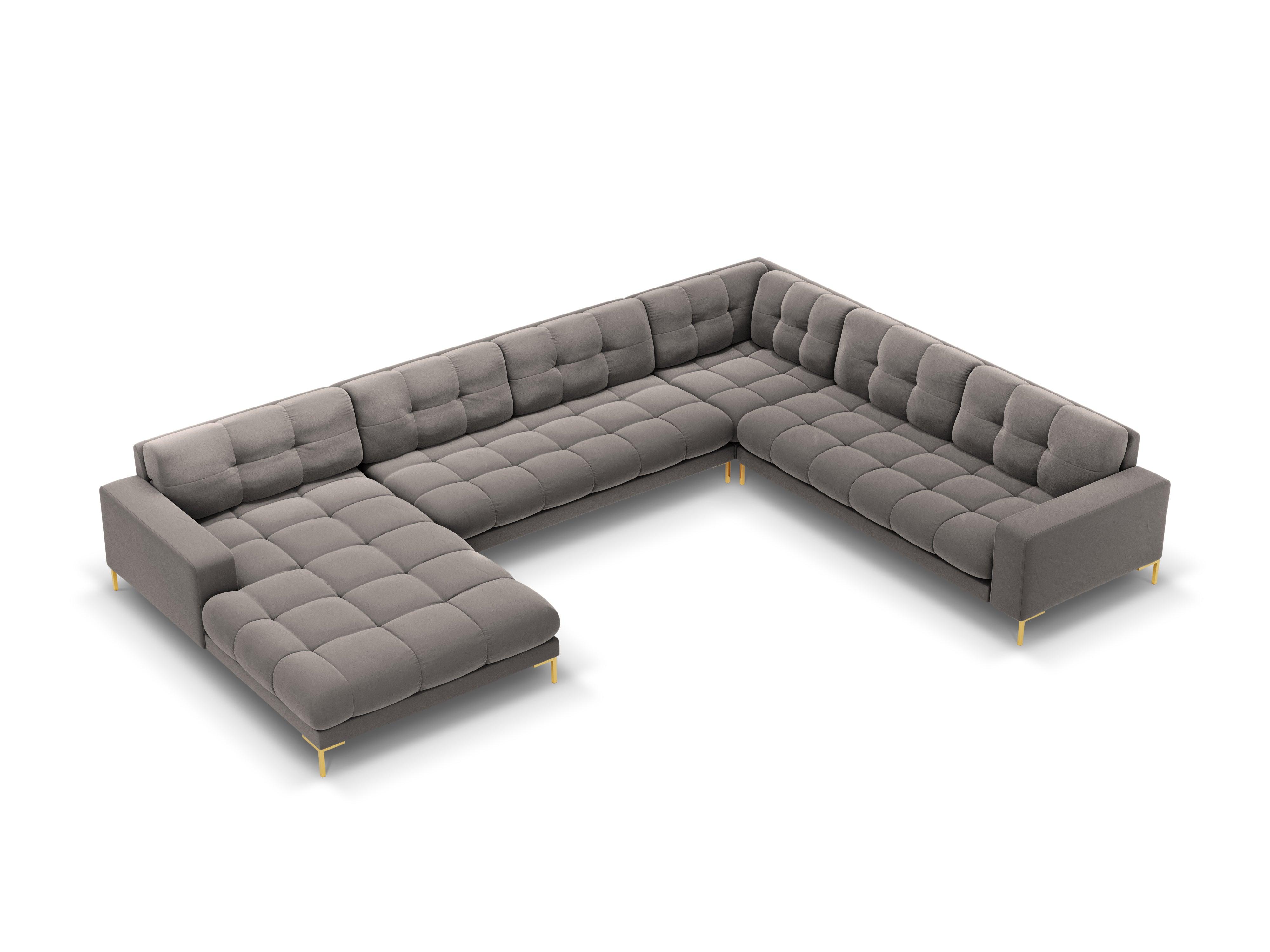 Sofa aksamitna panoramiczna prawostronna 7-osobowa BALI jasnoszary ze złotą podstawą Cosmopolitan Design    Eye on Design